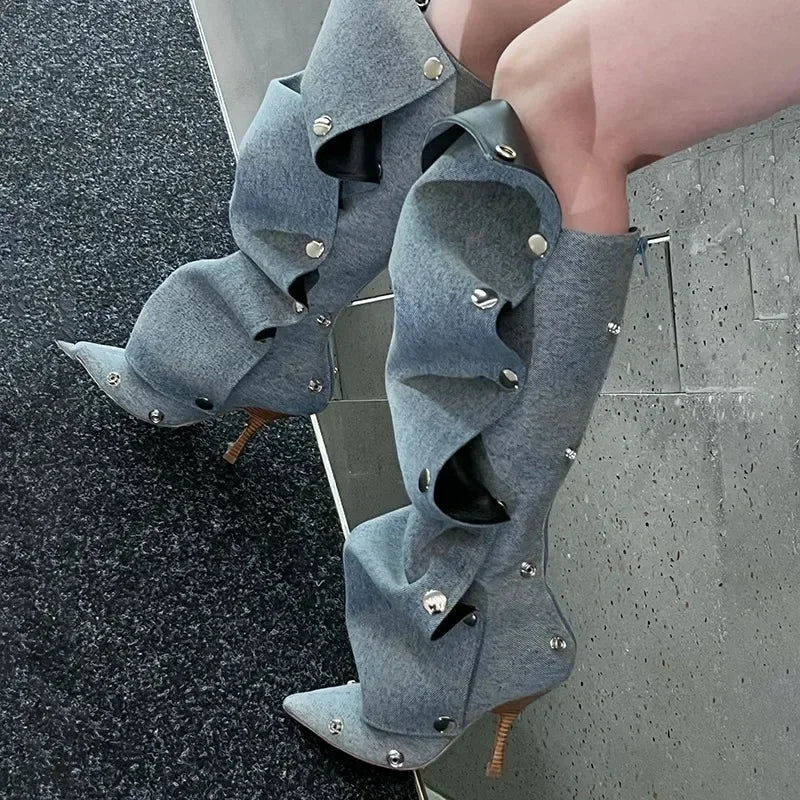 Long Denim Jean Women High Heel Boots - Image 2