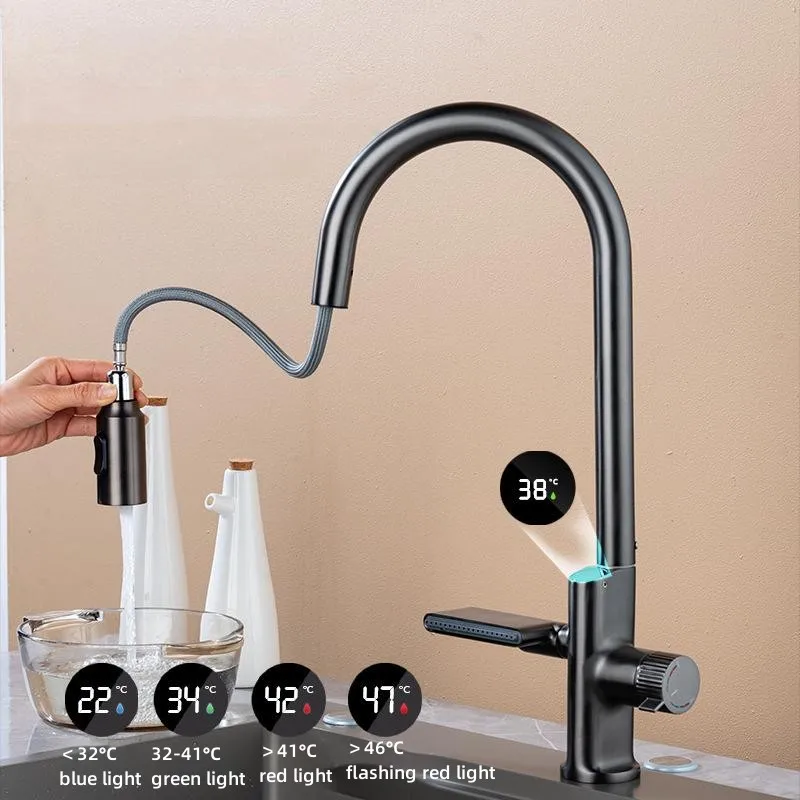 Waterfall Temperature Sensor Digital Display Kitchen Pull-Out Faucet - Image 2
