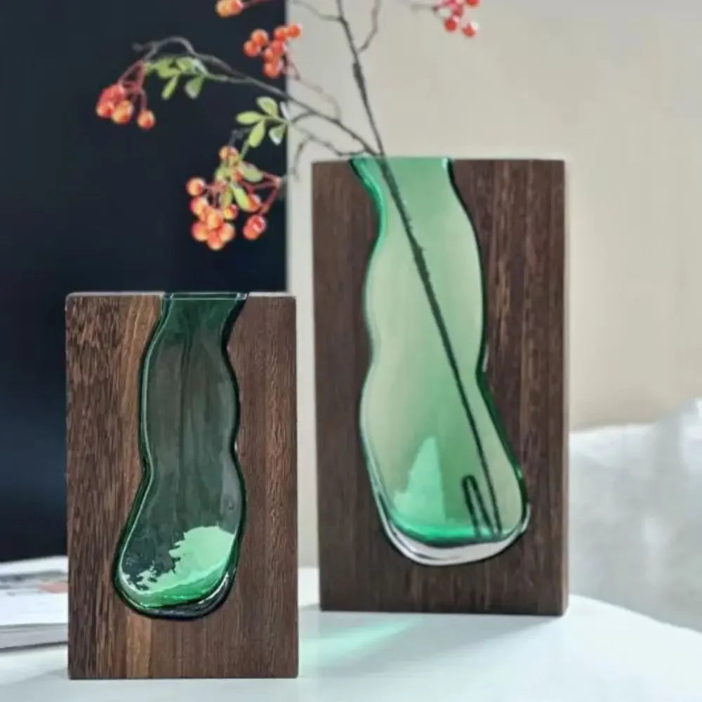 Geometric Wooden Glass Accent Flower Vase - Image 2