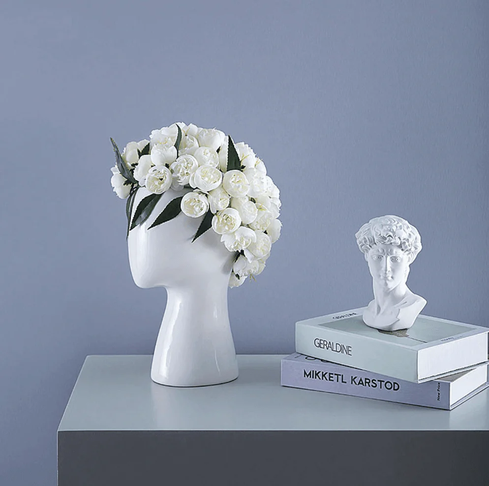 Creative Human Head White Black Decorative Ceramic Vase - Image 2