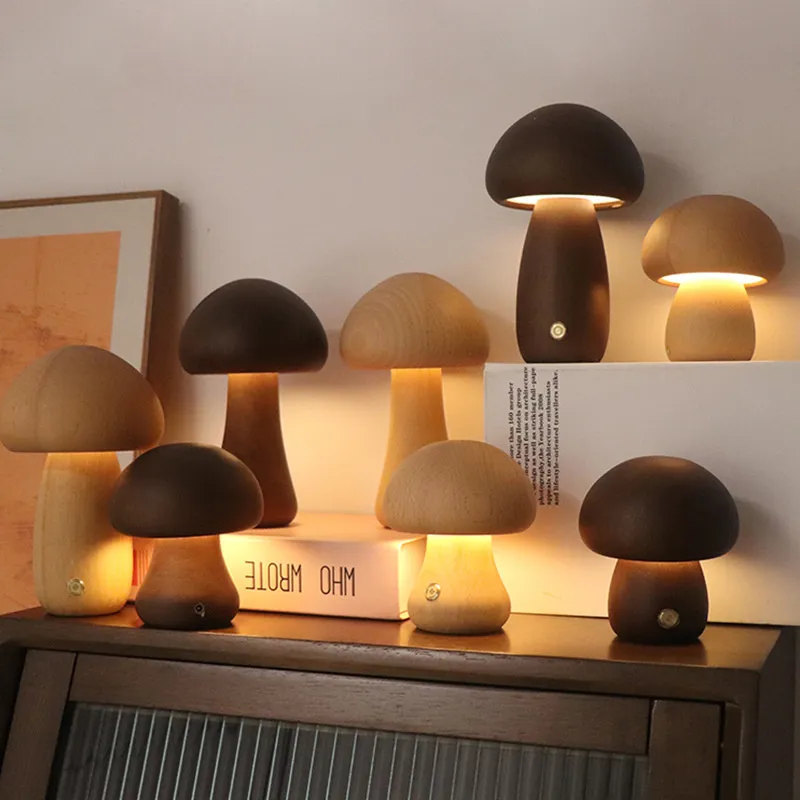 Touch Switch Wooden Mushroom LED Night Lamp - Image 2