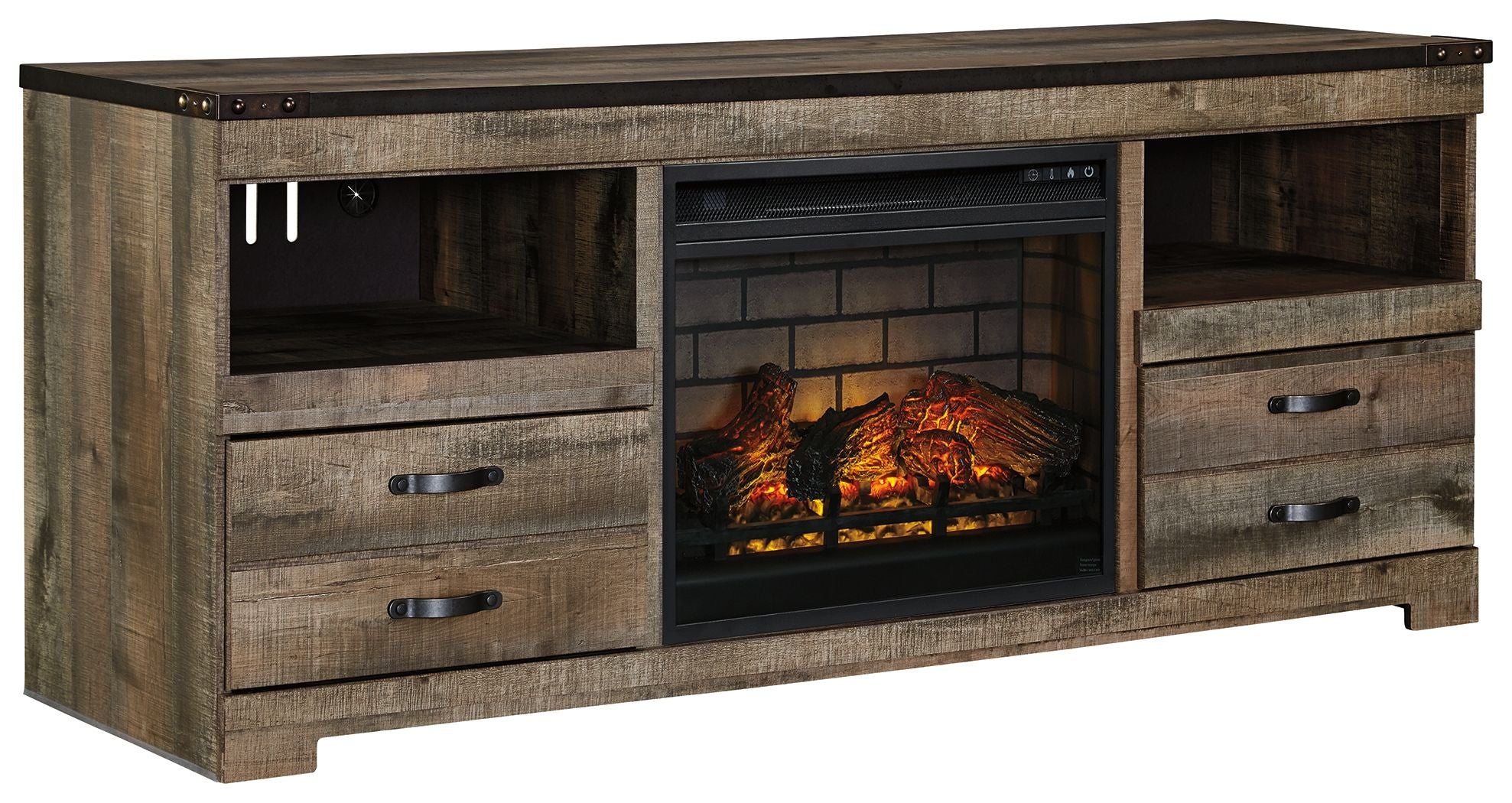 Trinell - 63" TV Stand With Glass/Stone Fireplace Insert - Brown - Image 1