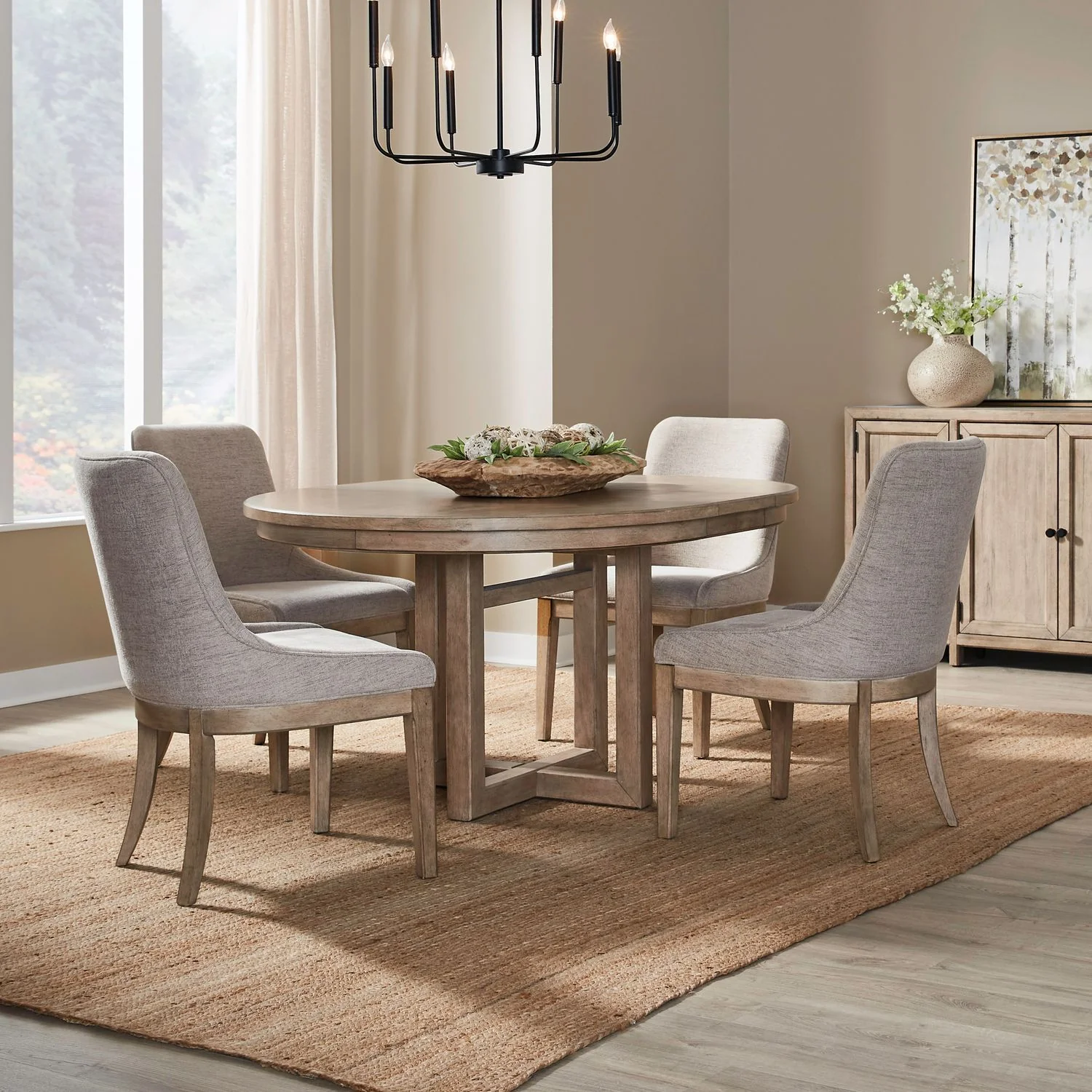 Proximity Place - 5 Piece Pedestal Table Set (Upholstered Side Chairs) - Barley Buff - Image 1