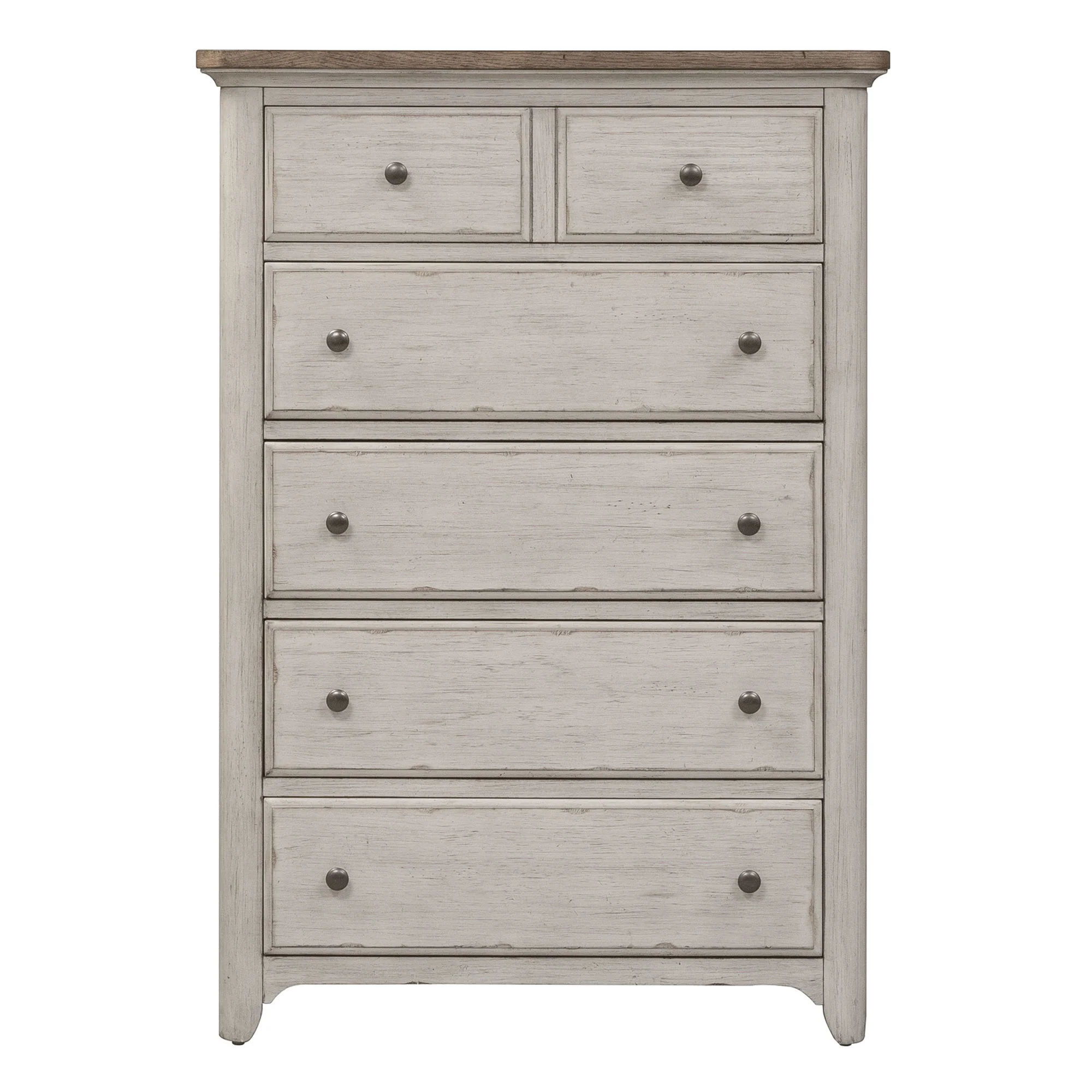 Farmhouse Reimagined – 5 Drawer Chest – Antique White / Chestnut Tops