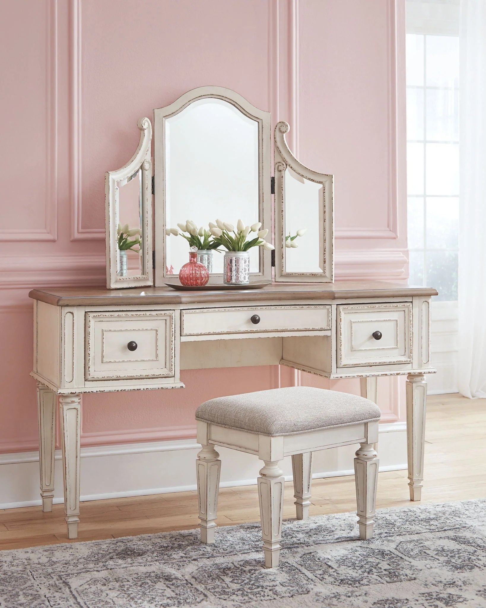 Realyn - Vanity/Mirror/Stool (Set of 3) - White / Brown / Beige - Image 3