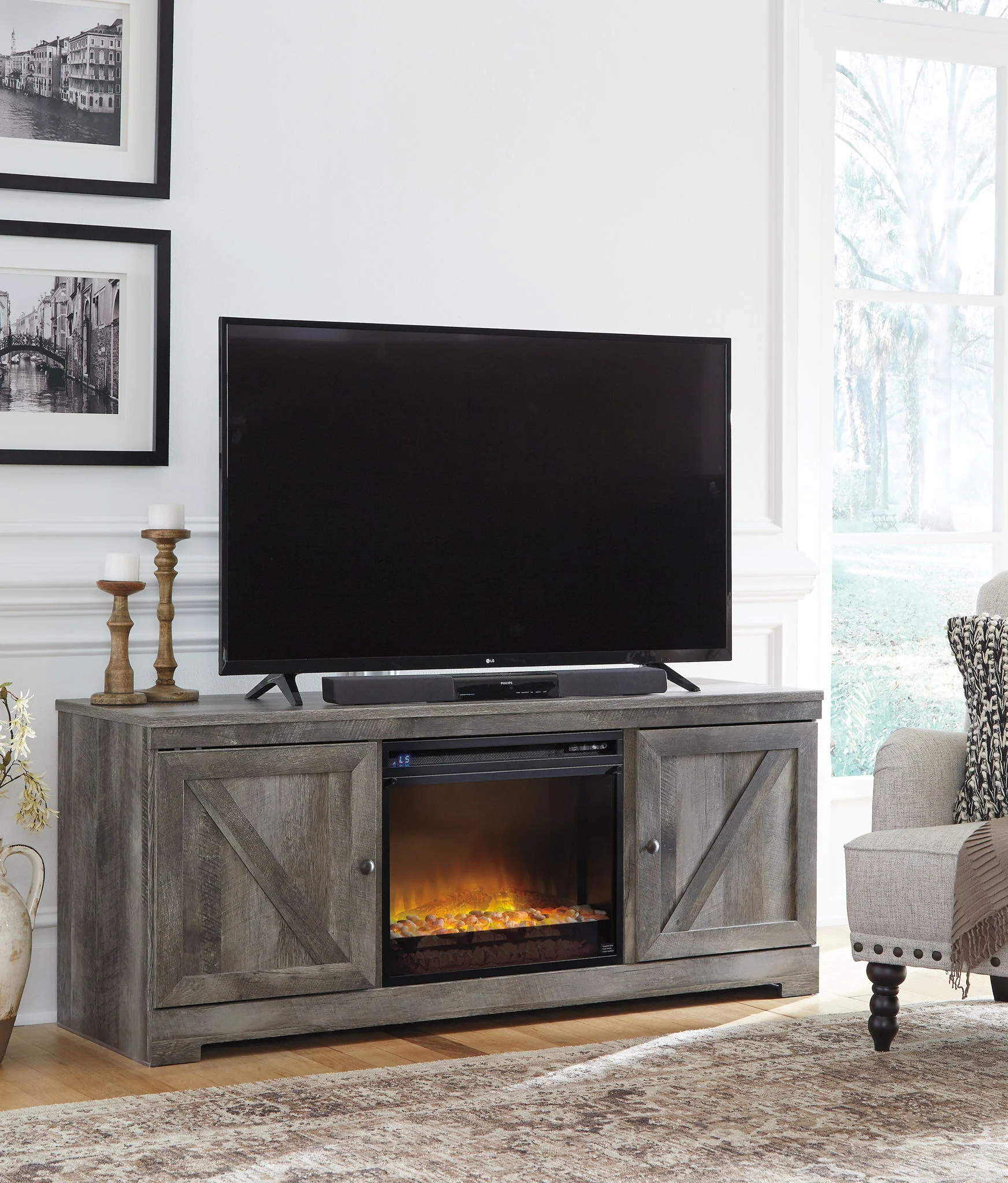 Wynnlow - 63" TV Stand With Glass/Stone Fireplace Insert - Gray - Image 3