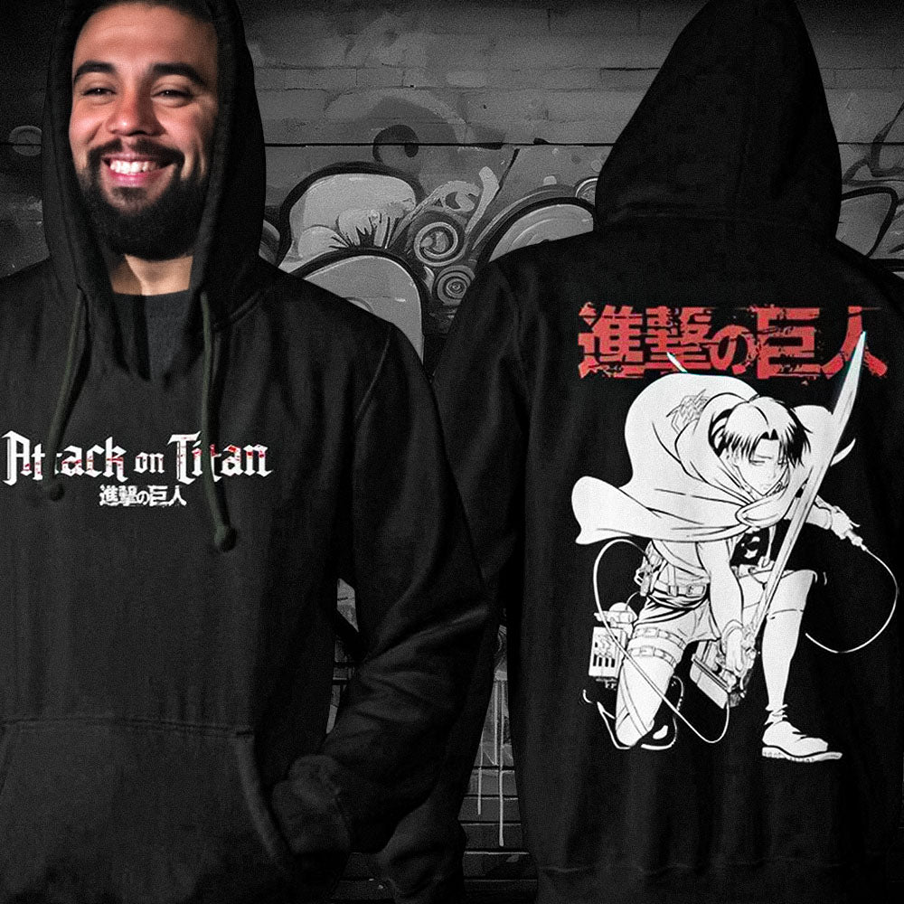 Attack on Titan - Levi Ackerman Crouching Adult Pullover Hoodie - Black - Officially Licensed - Image 2