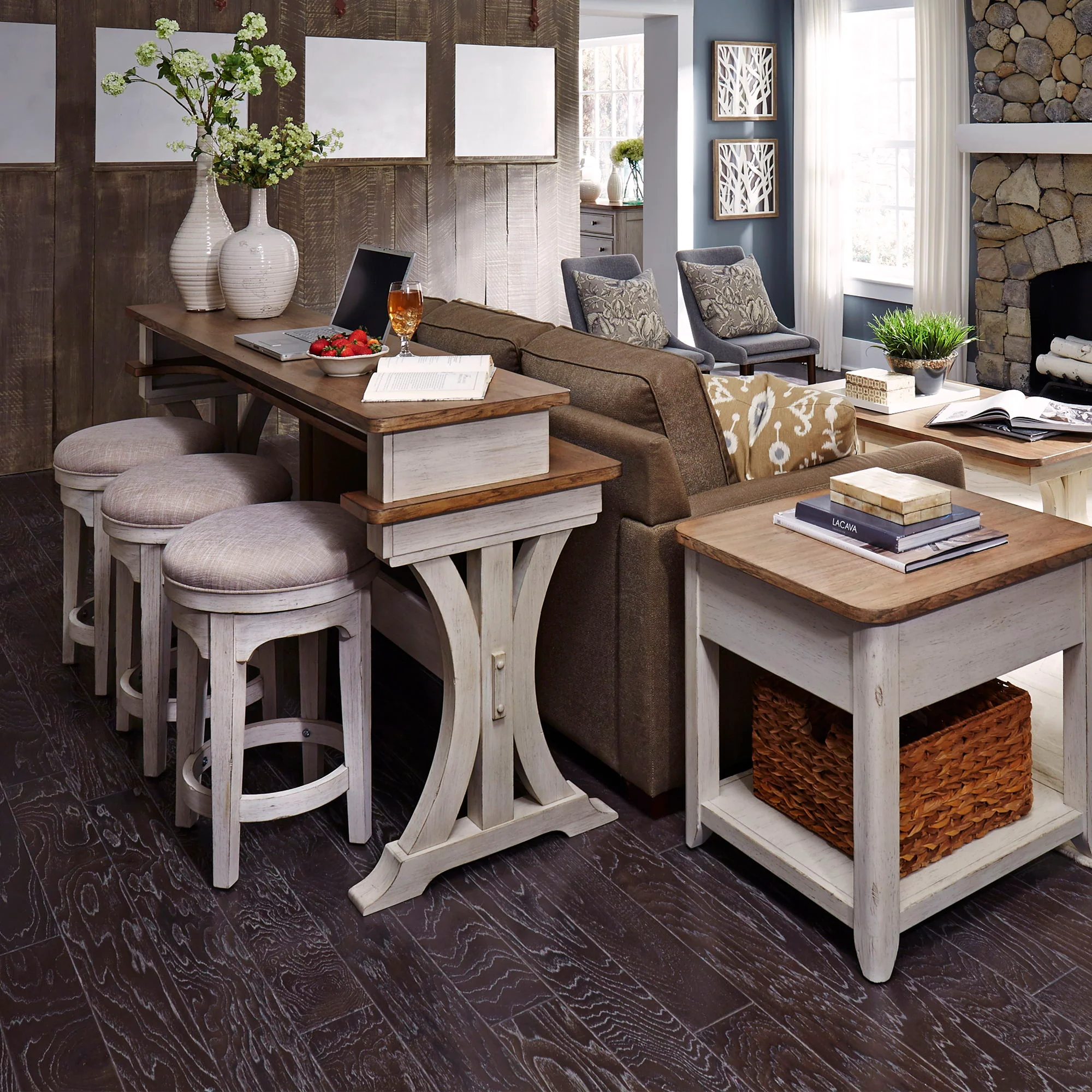 Farmhouse Reimagined – 4 Piece Dining Room Set – Antique White / Chestnut Tops
