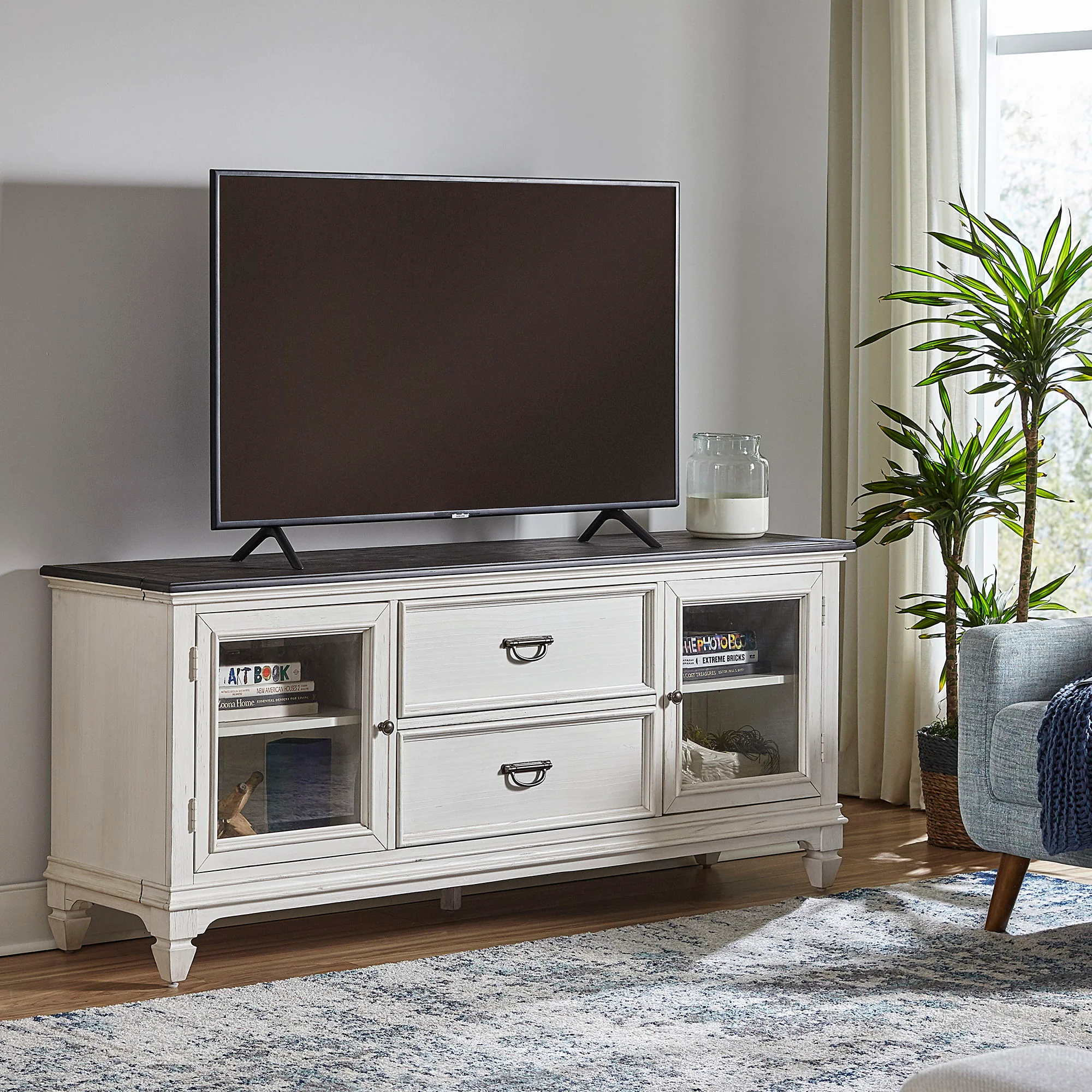 Allyson Park - Entertainment TV Stand - Wirebrushed White / Charcoal - Image 1