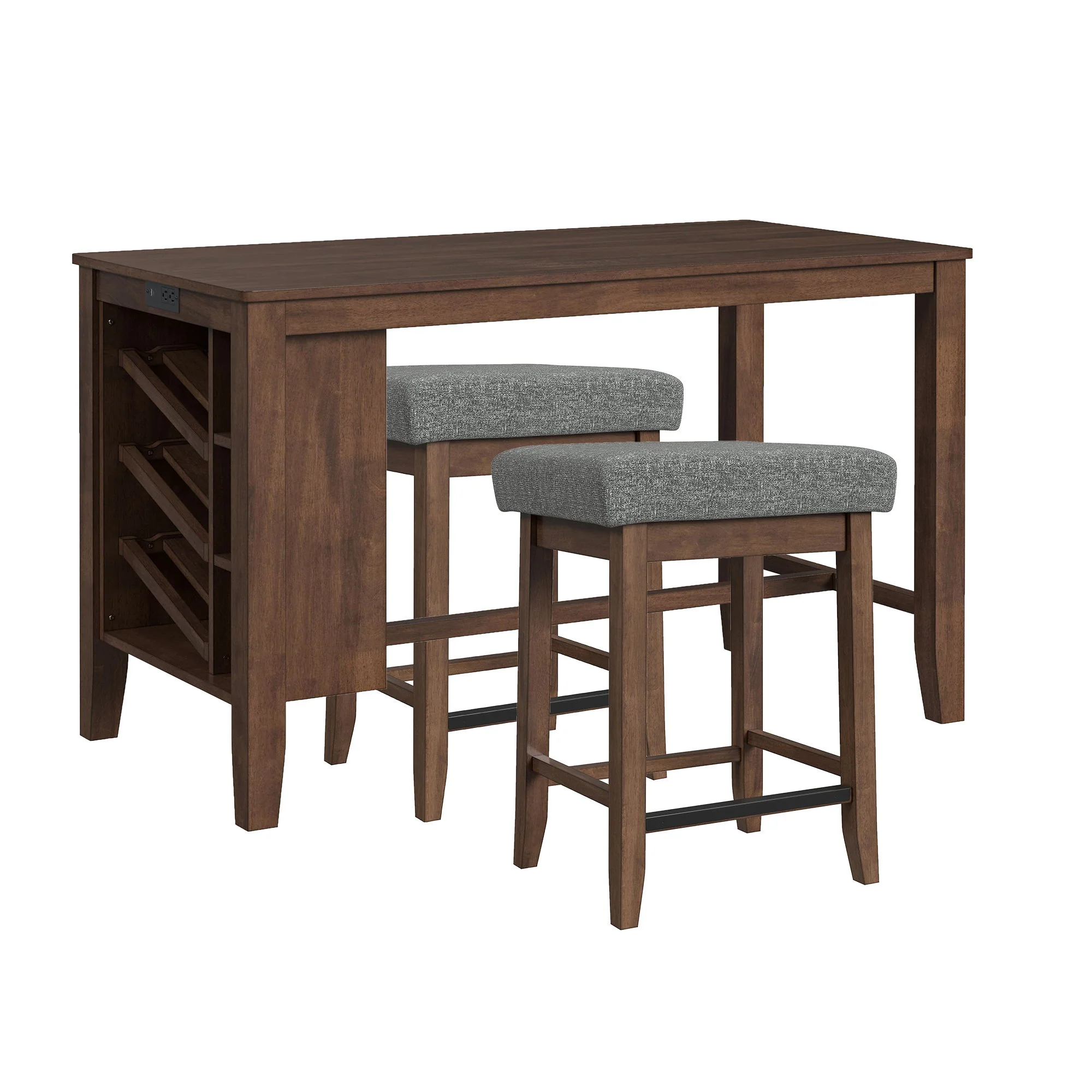 Santa Barbara – Kitchen Island & 2 Counter Stools With Fabric – Walnut / Dark Gray
