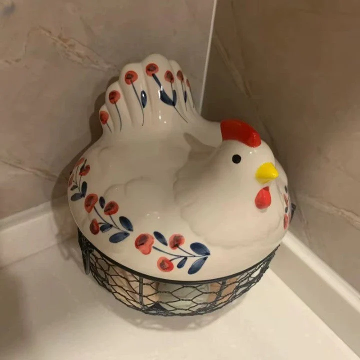 Ceramic Egg Holder Chicken with Wire Basket - Image 2