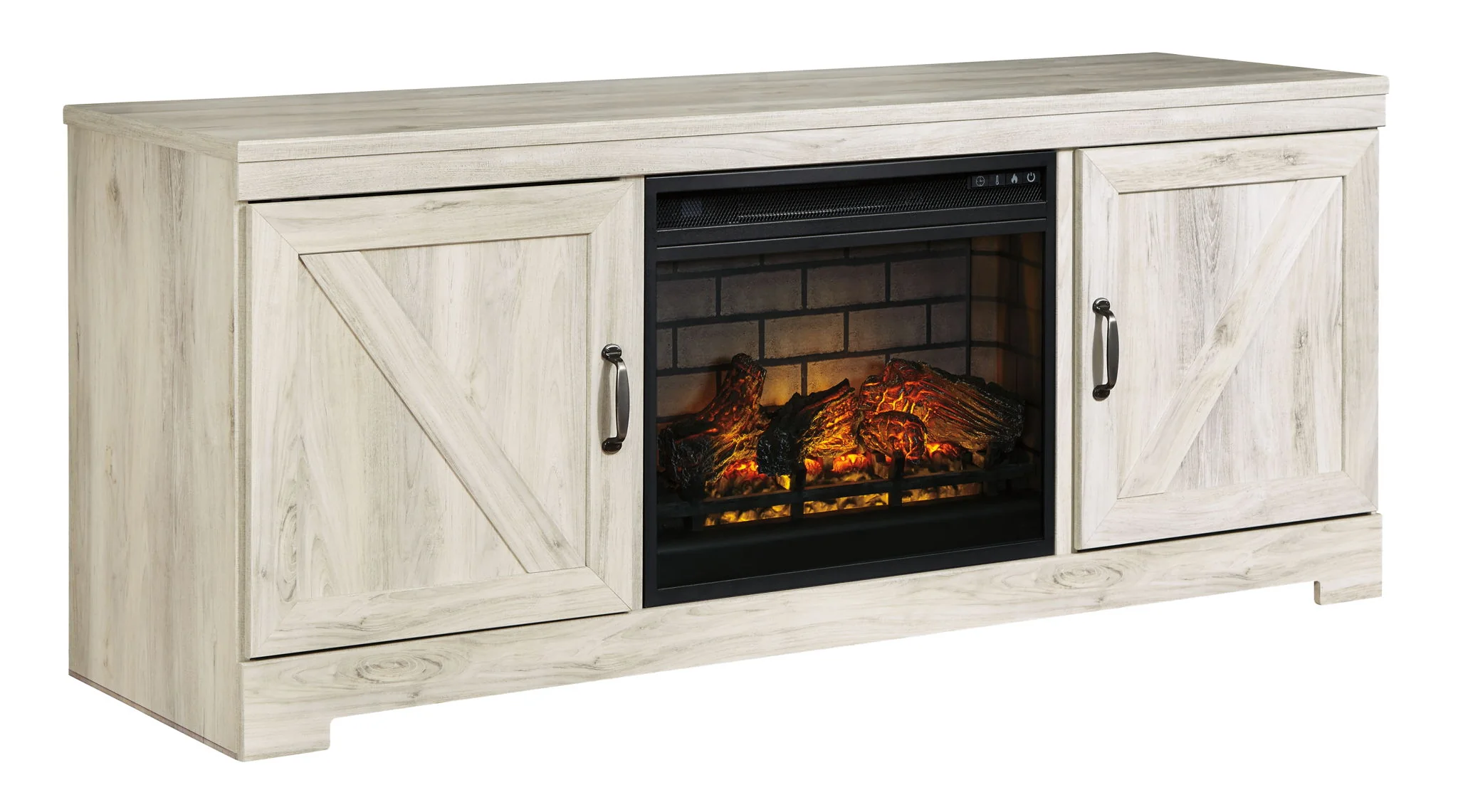 Bellaby – 63″ TV Stand With Faux Firebrick Fireplace Insert – Whitewash