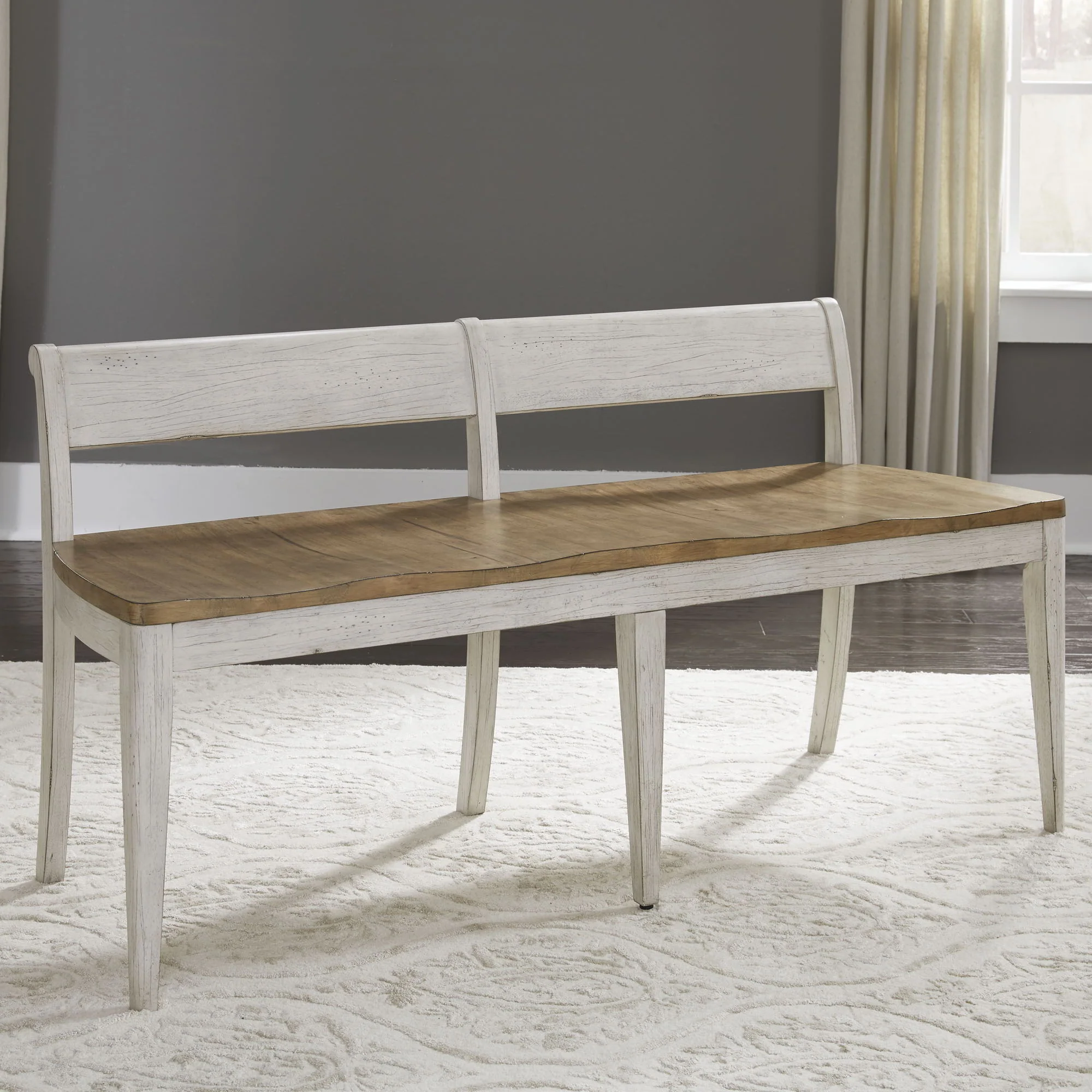 Farmhouse Reimagined – Bench – Antique White / Chestnut Tops