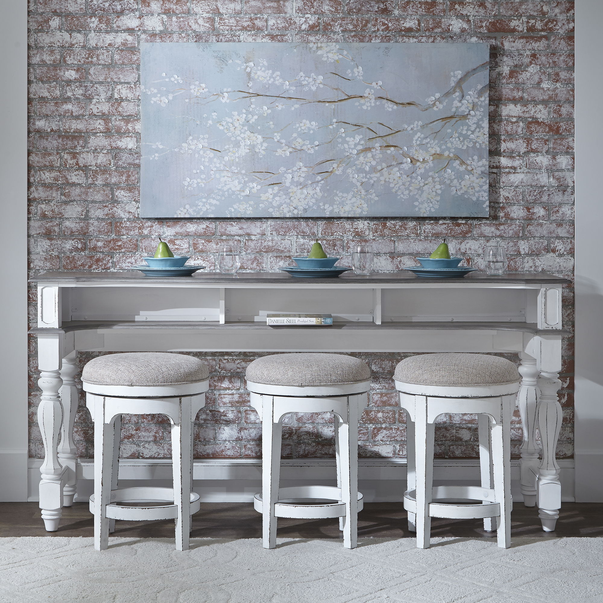 Magnolia Manor – 4 Piece Console Set (1 Console 3 Stools) – Antique White