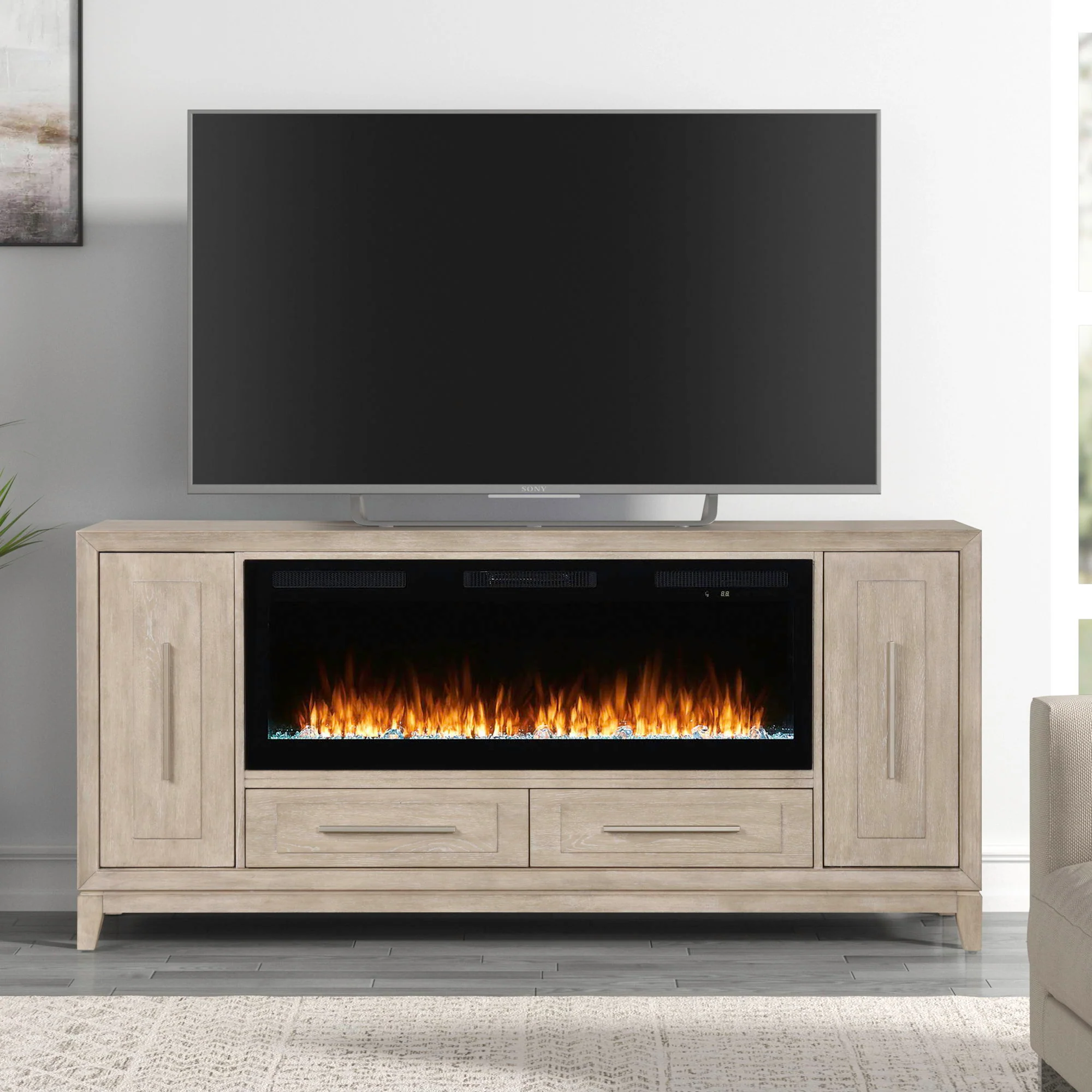 Fireplace TV Consoles – 80″ Console With Fire FTS – Light Brown