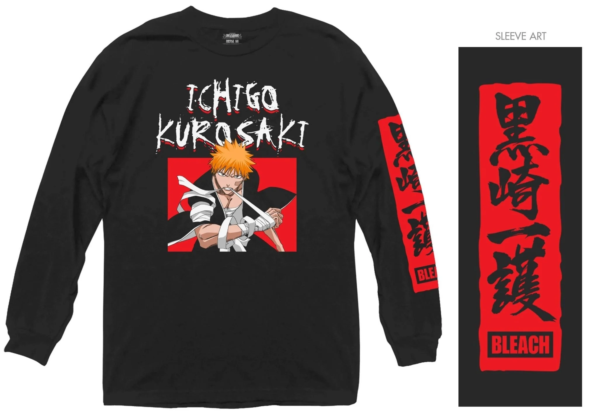Bleach Ichigo Kurosaki Kanji Sleeves Officially Licensed Adult Long Sleeve T-Shirt - Image 1