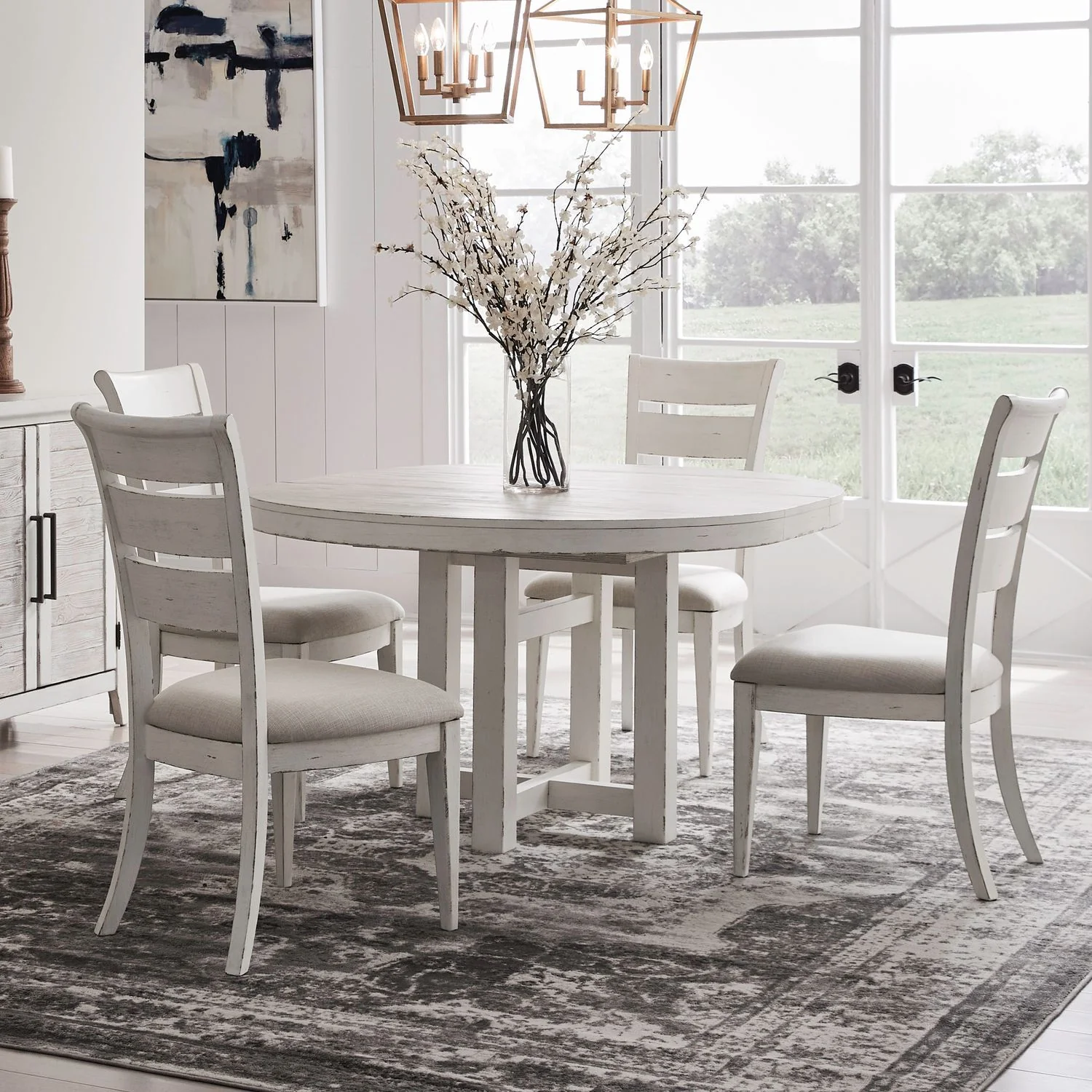 Backroads - 5 Piece Pedestal Table Set - Weathered White & Parchment - Image 1