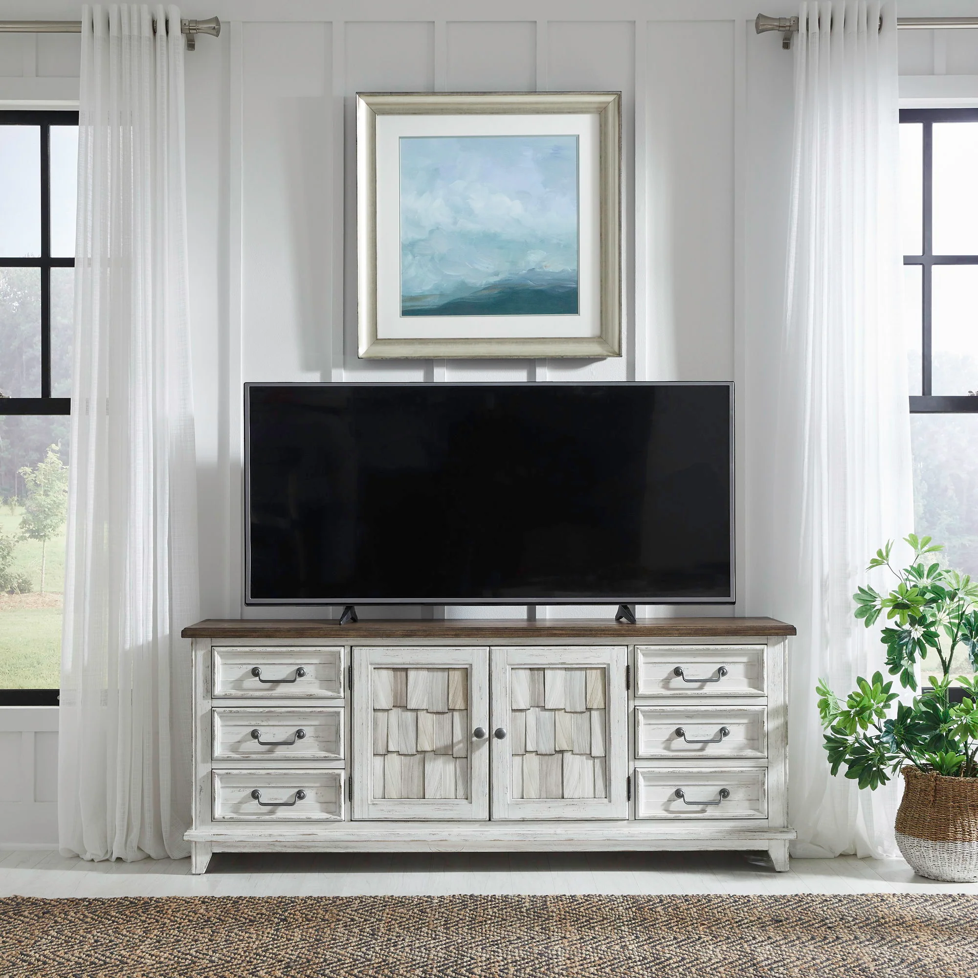River Place - 75" Entertainment Console - Riverstone White & Tobacco - Image 1
