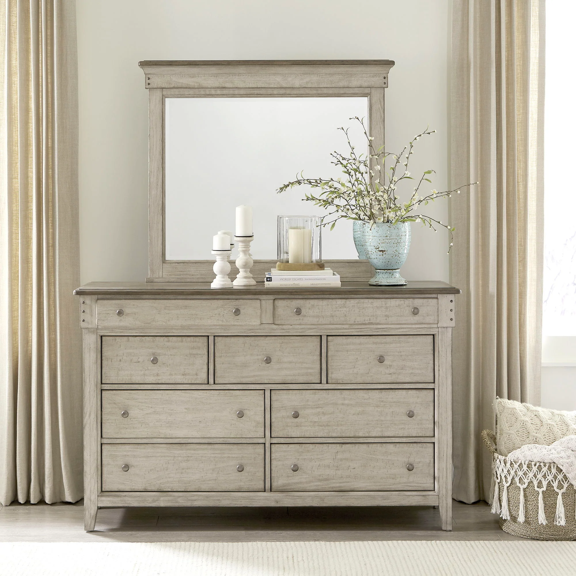 Ivy Hollow – Dresser & Mirror – Weathered Linen / Dusty Taupe