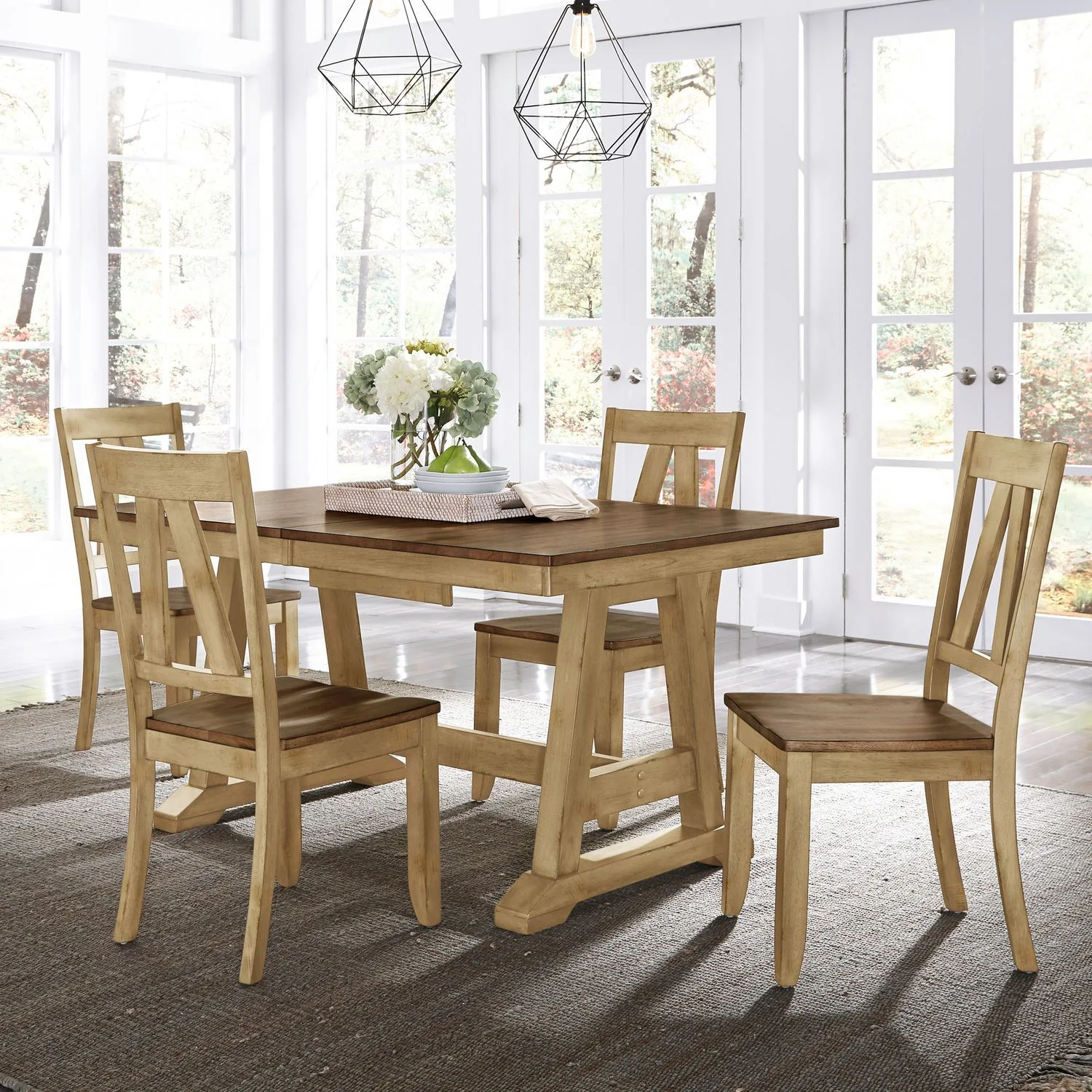 Lindsey Farm – 5 Piece Trestle Table Set – Natural & Brown