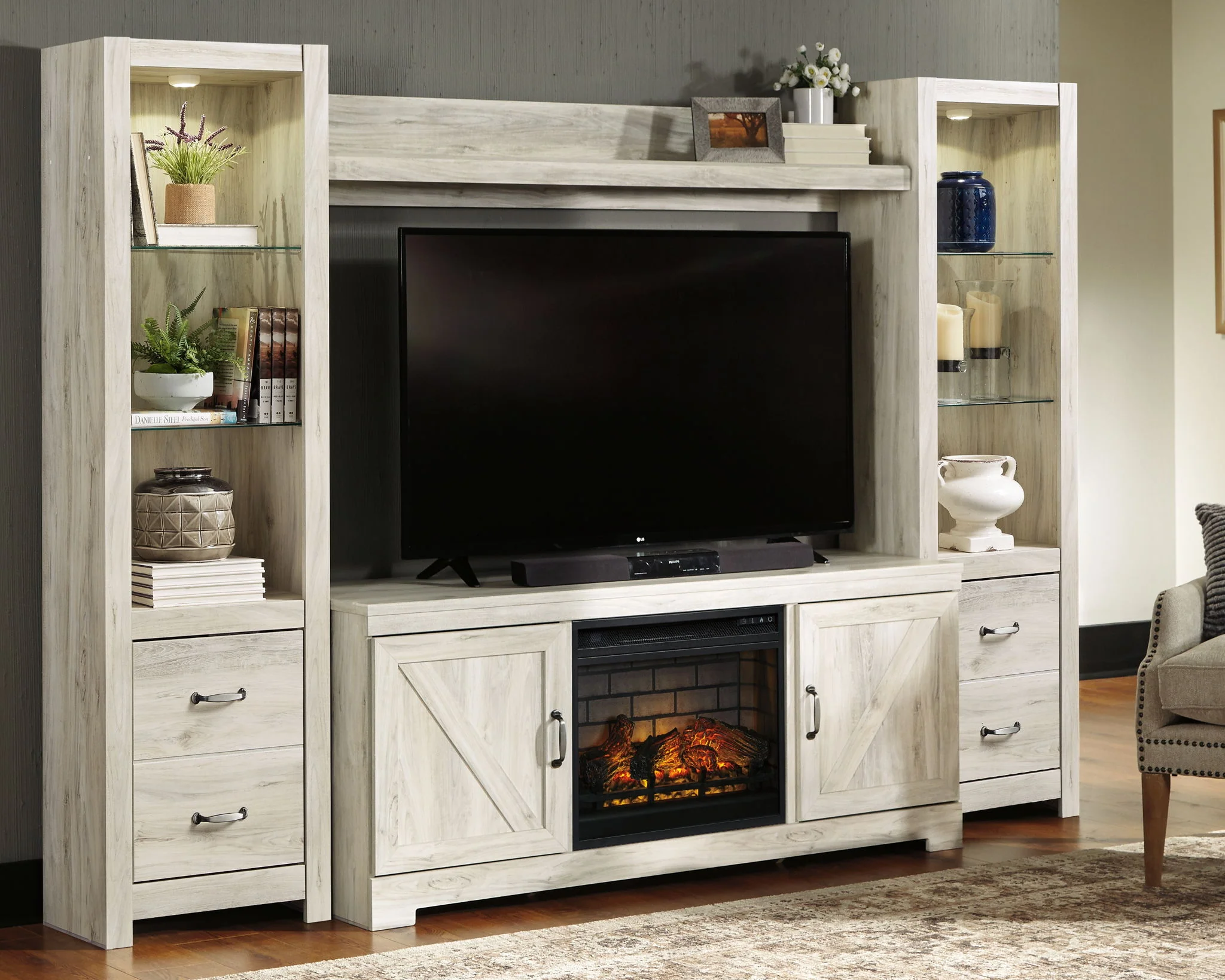 Bellaby - Entertainment Center - TV Stand With Faux Firebrick Fireplace Insert - Whitewash - Image 3