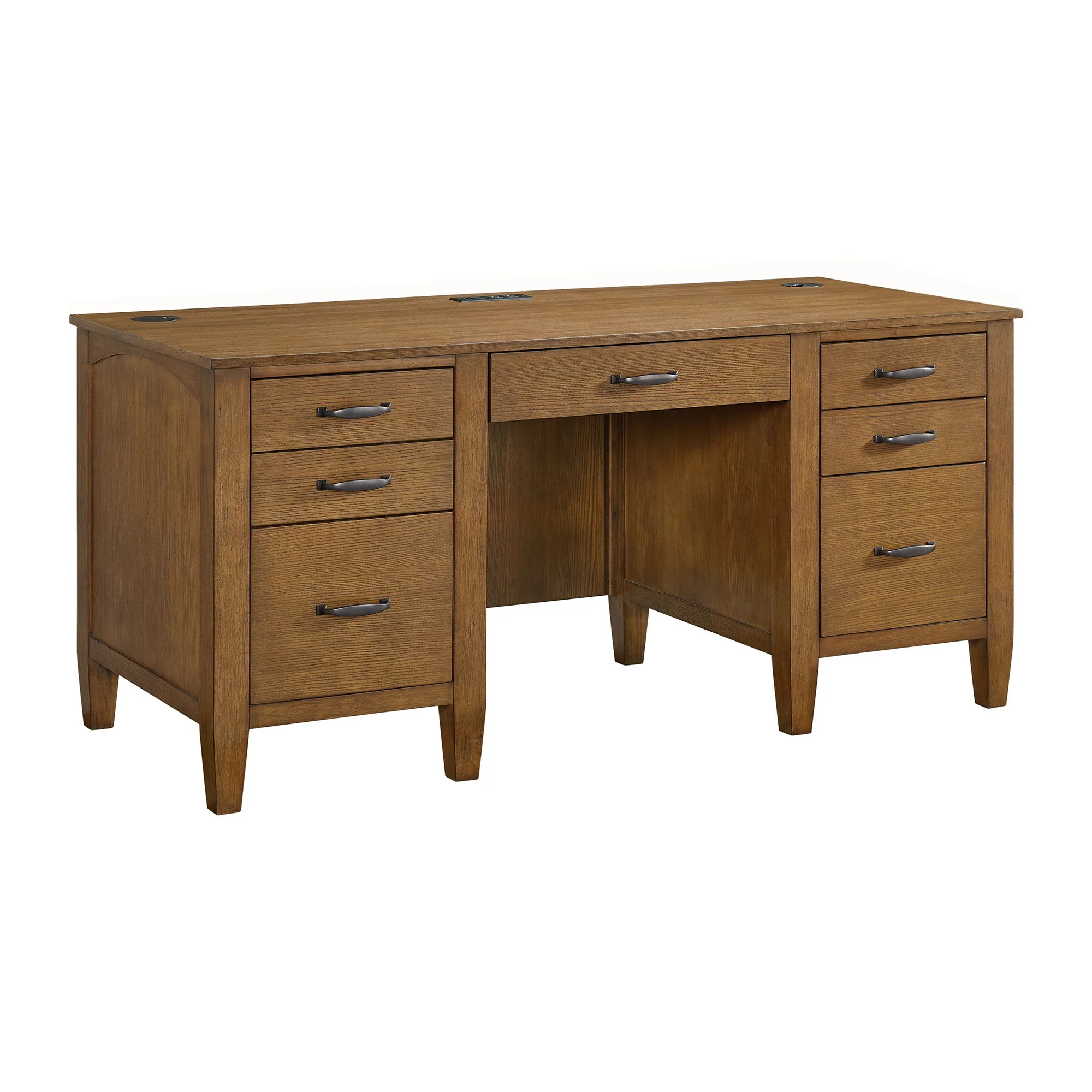 Portico – Double Pedestal Desk With Power / USB – Brown Oak