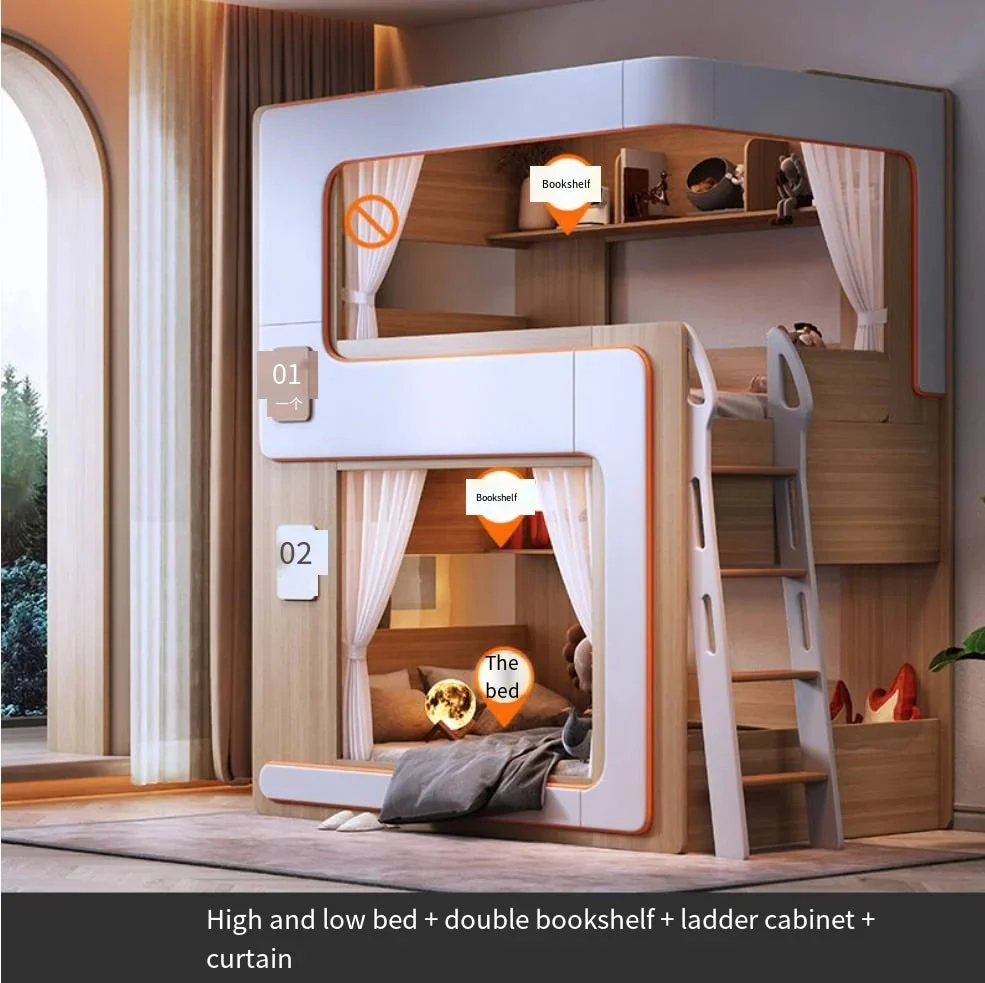 European Cute Room Modern Wooden Bunk LED Bed - Image 2