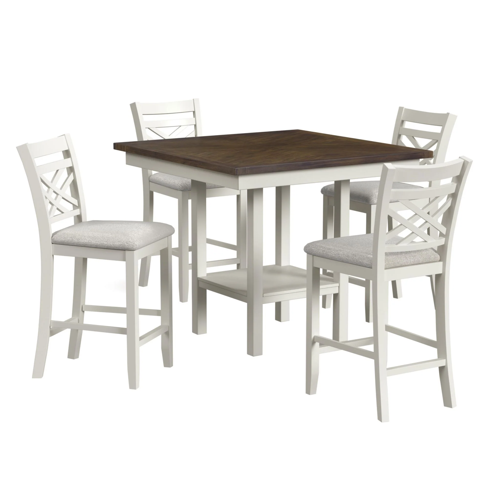 Brooks – 5 Piece Counter Set With Table And 4 Upholstery Seat & Wood Back Chairs – Medium Brown & White