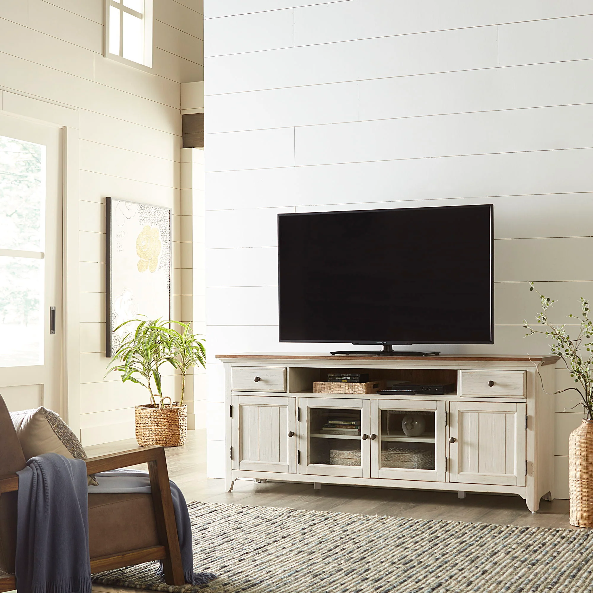 Farmhouse Reimagined – Entertainment 72″ TV Stand – Antique White / Chestnut Tops