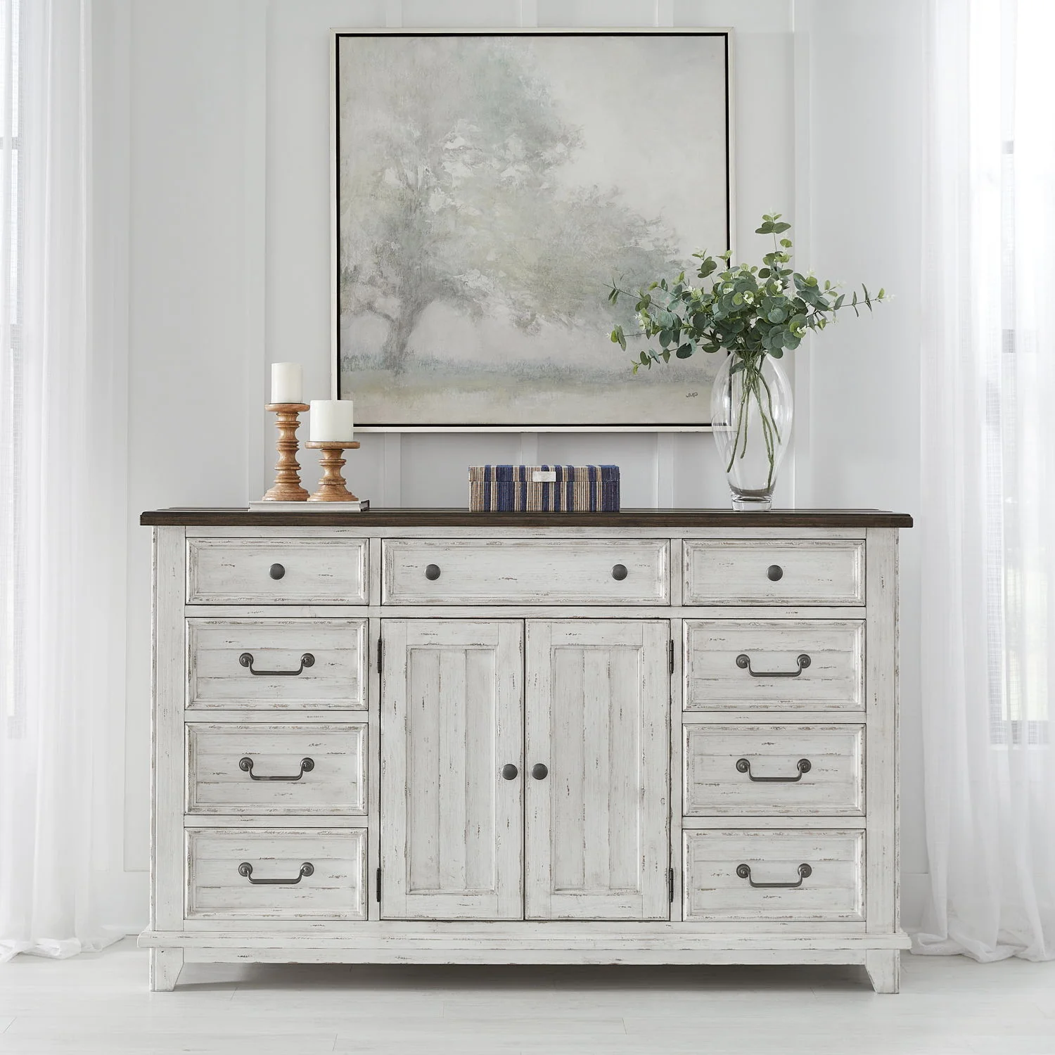 River Place - 2 Door 9 Drawer Dresser - Riverstone White & Tobacco - Image 1