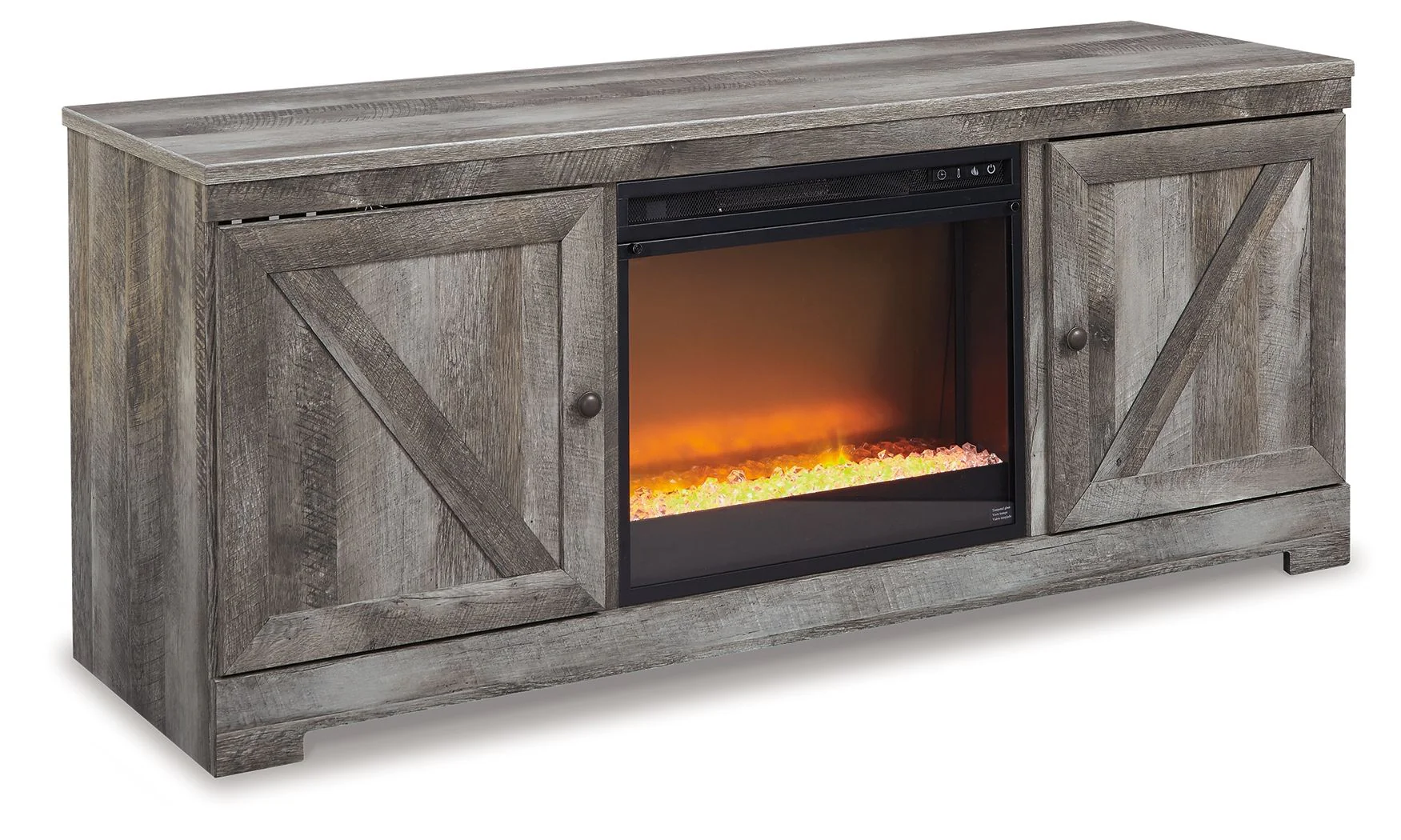 Wynnlow – 63″ TV Stand With Glass/Stone Fireplace Insert – Gray