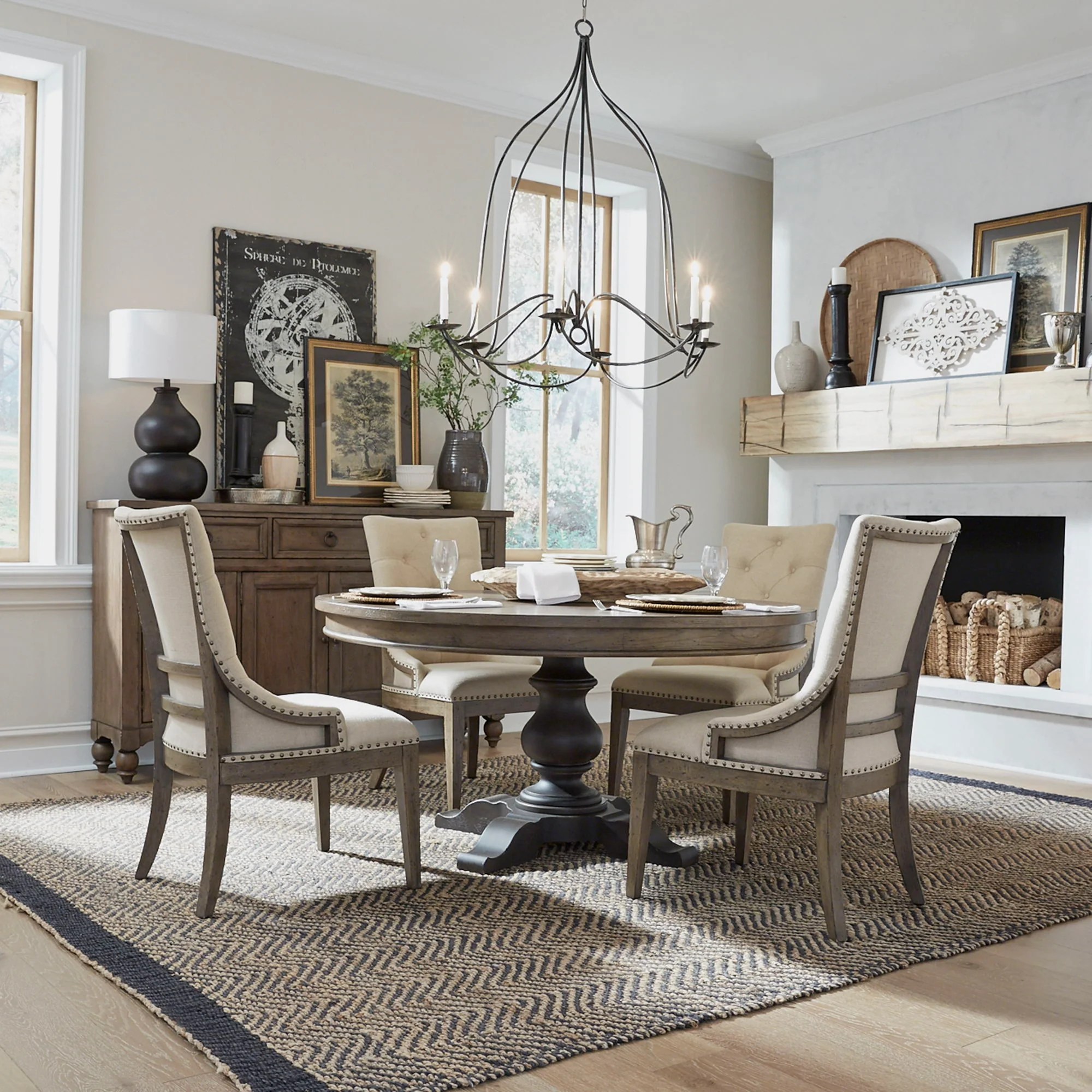 Americana Farmhouse - 5 Piece Pedestal Table Set (Upholstered Shelter Side Chairs) - Dusty Taupe - Image 1