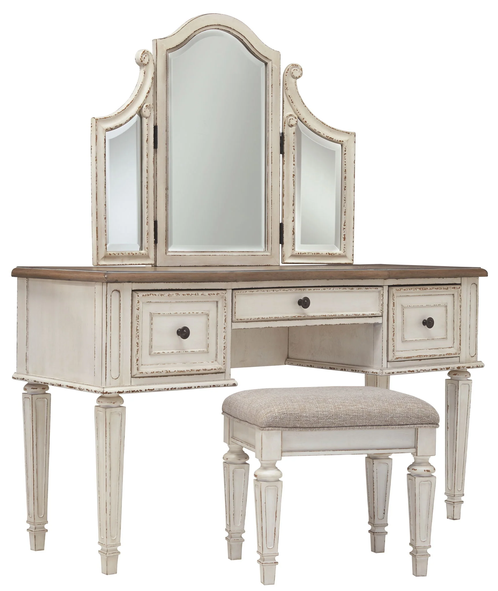 Realyn – Vanity/Mirror/Stool (Set of 3) – White / Brown / Beige