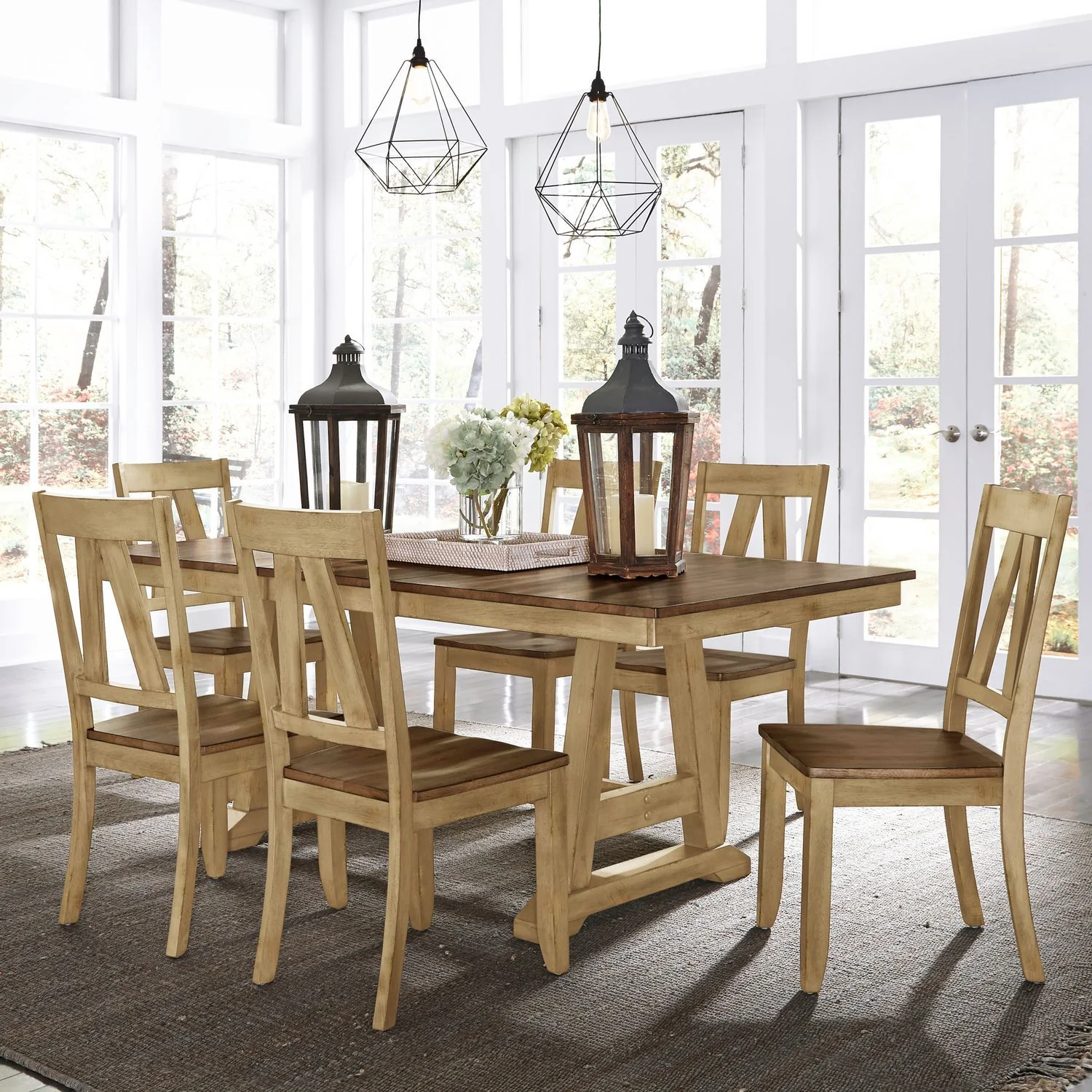 Lindsey Farm – 7 Piece Trestle Table Set – Natural & Brown