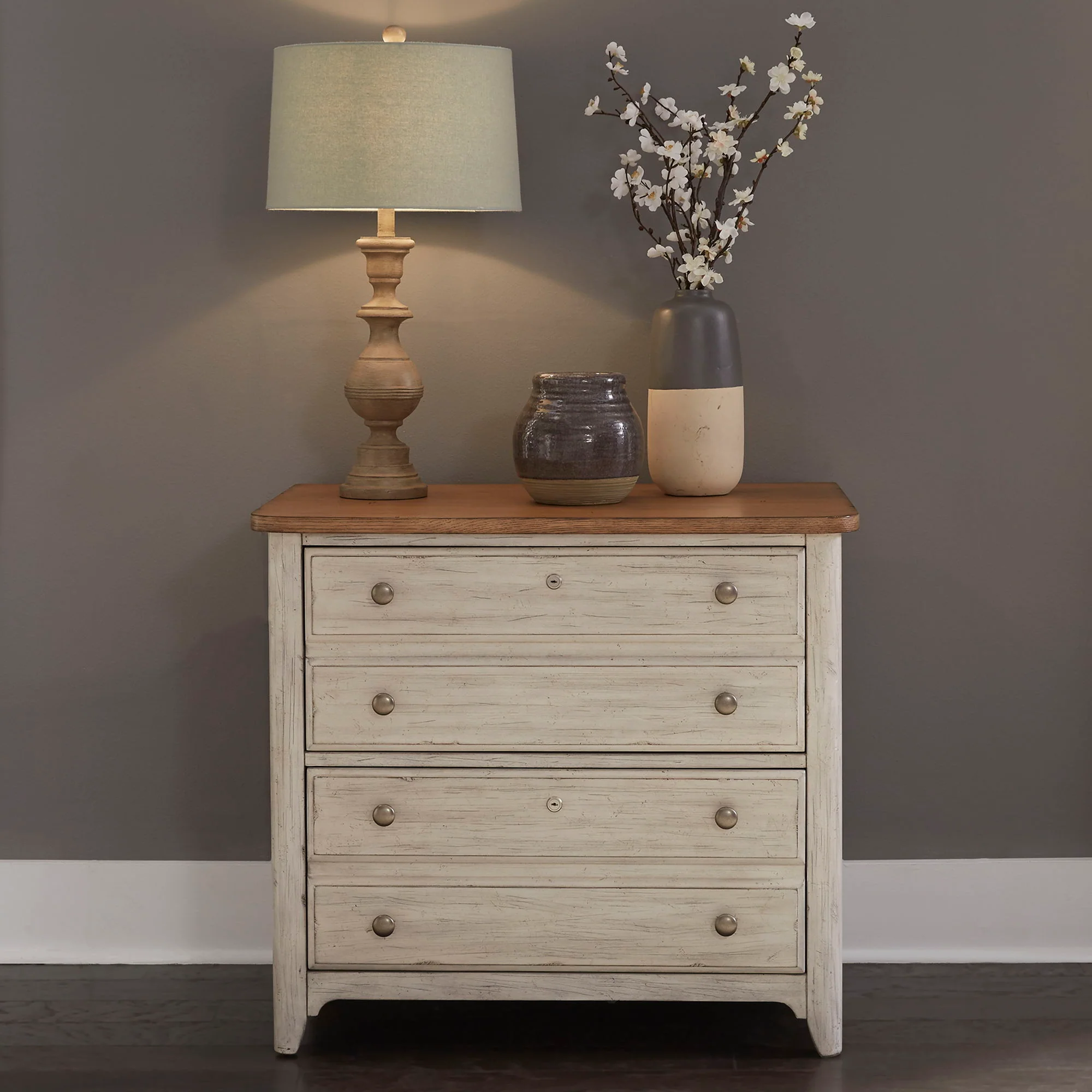 Farmhouse Reimagined – Lateral File – Antique White / Chestnut Tops