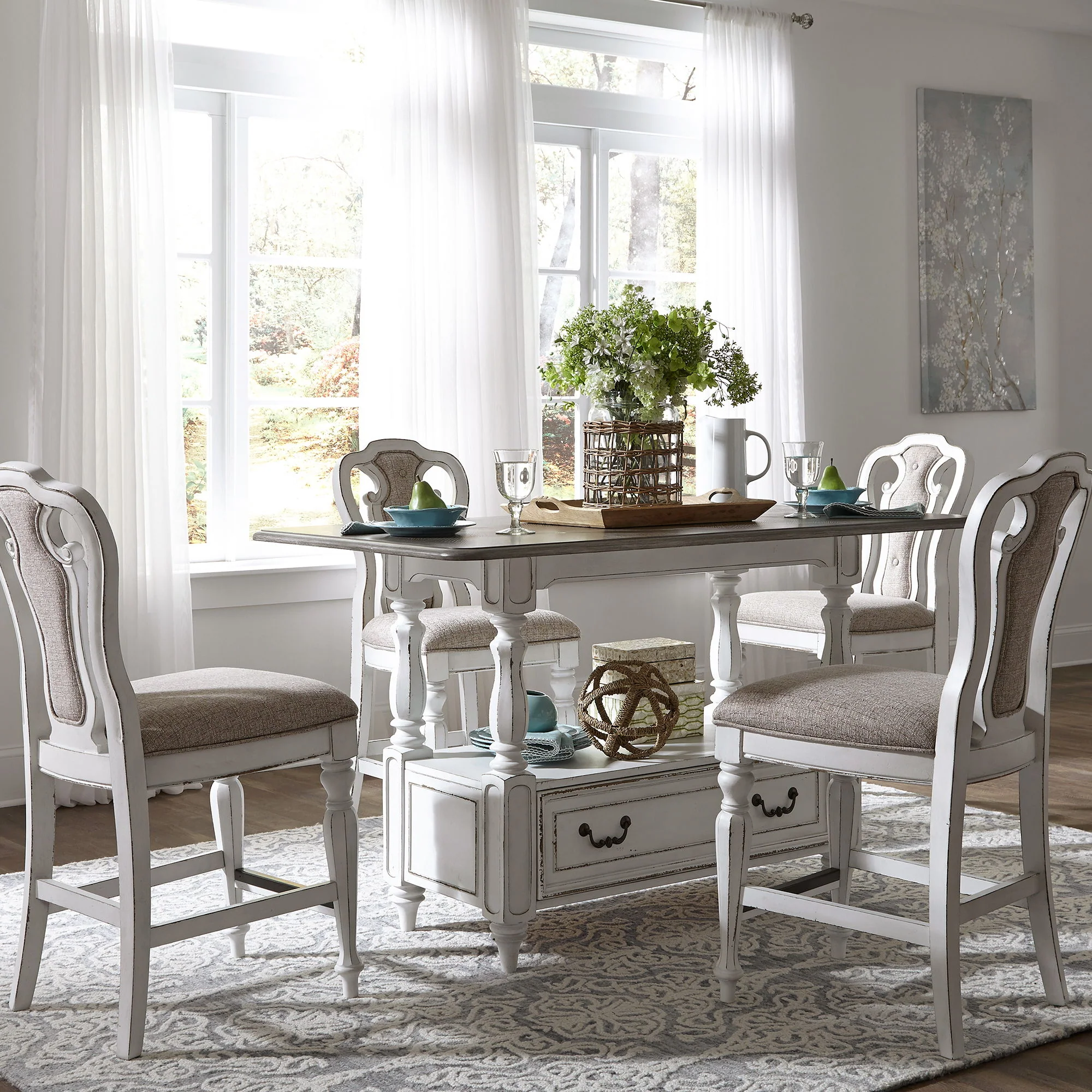 Magnolia Manor - 5 Piece Gathering Table Set - Antique White / Dark Brown - Image 1