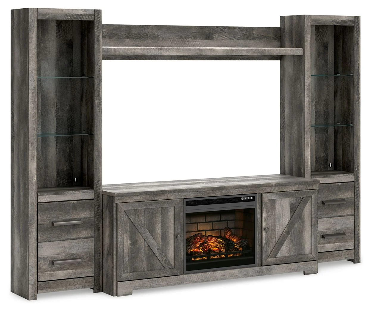 Wynnlow – Entertainment Center – TV Stand With Glass/Stone Fireplace Insert – Gray