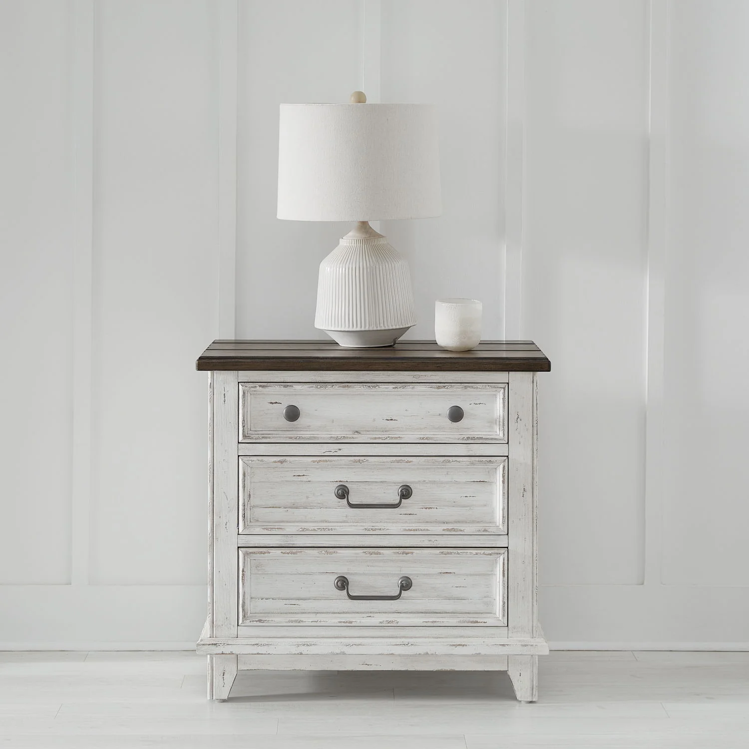 River Place - 3 Drawer Nightstand With Charging Station - Riverstone White & Tobacco - Image 1