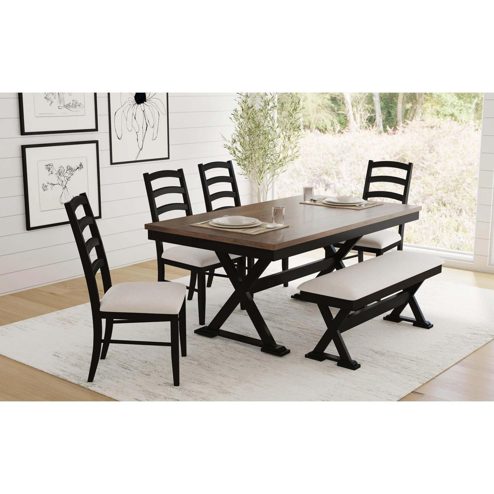 Tulane – 6 Piece Dining Set With Table, 4 Chairs, And Bench – Oak And Black