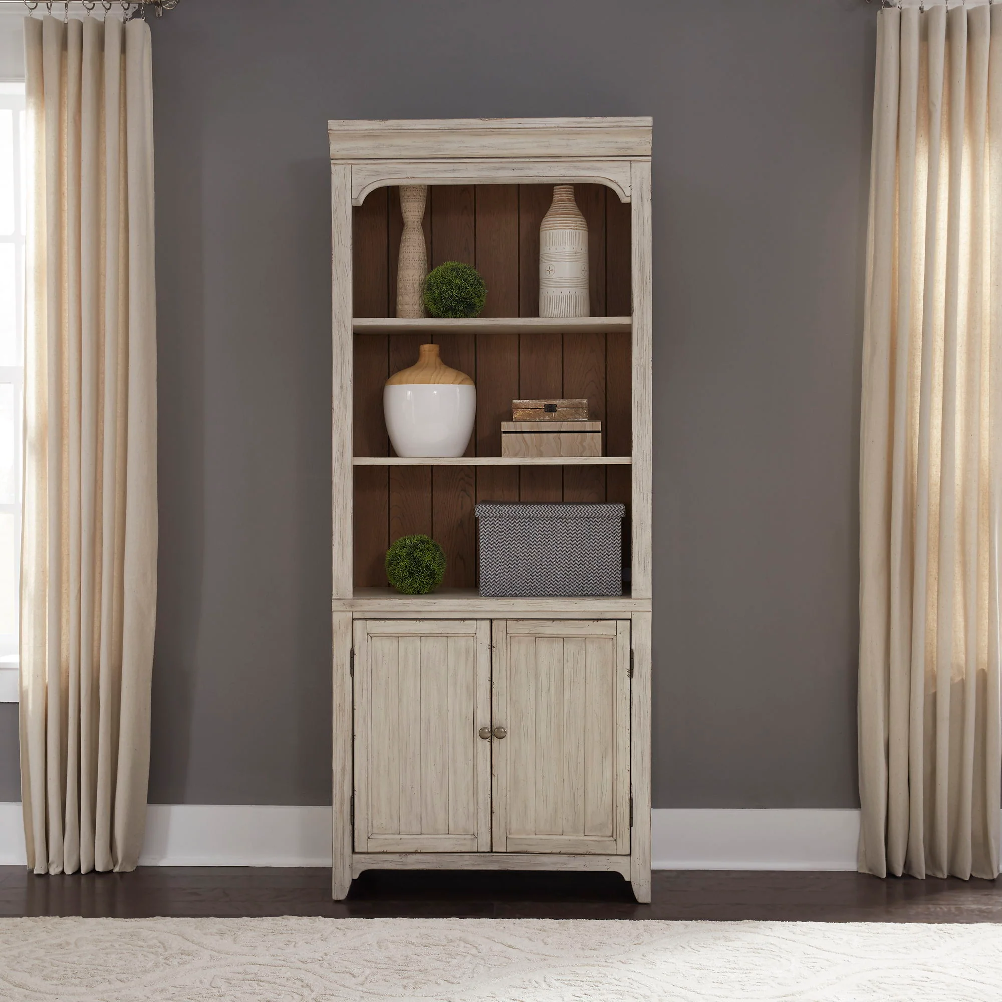 Farmhouse Reimagined – Bookcase – Antique White / Chestnut Tops