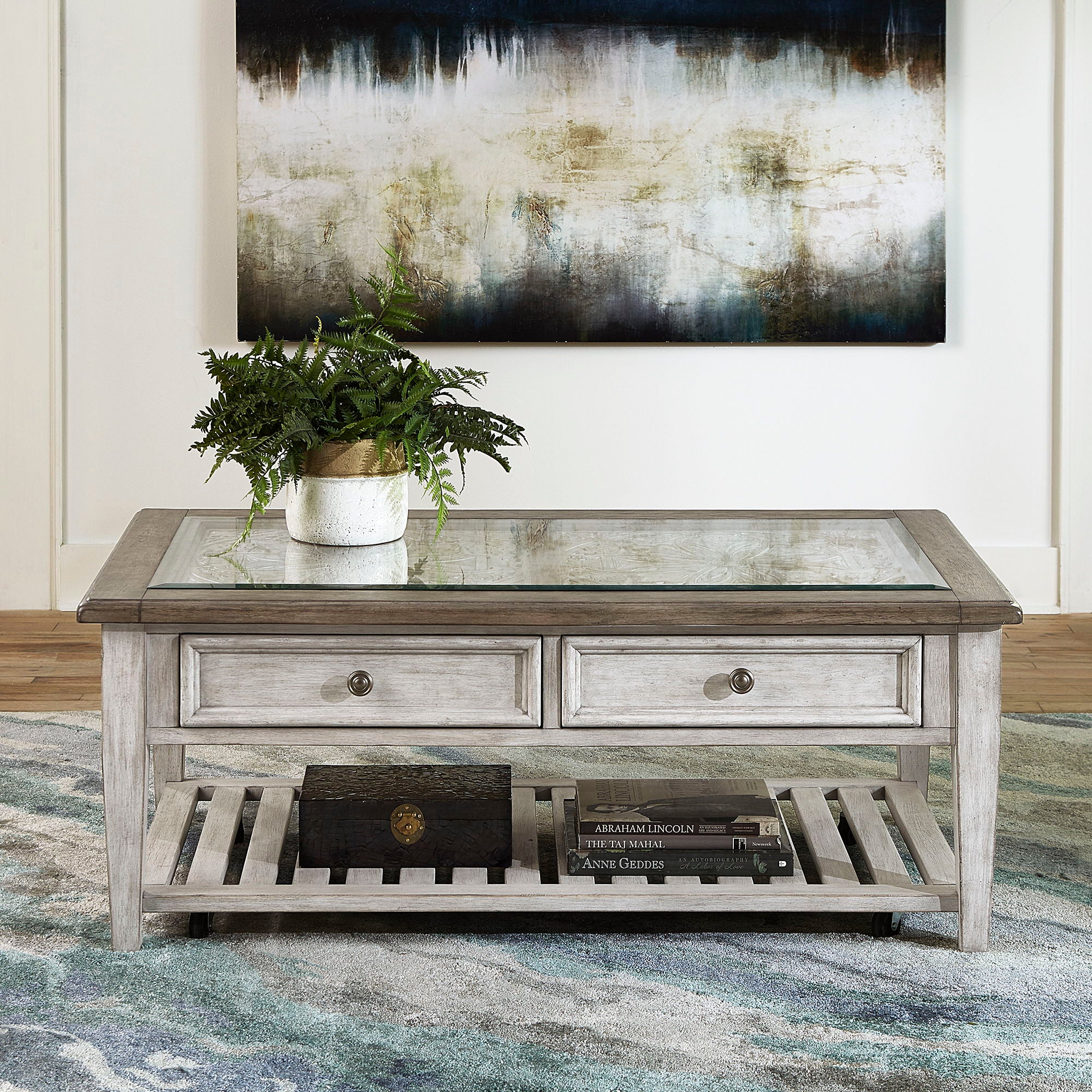 Heartland – Rect Ceiling Tile Cocktail Table – Antique White / Tobacco Tops