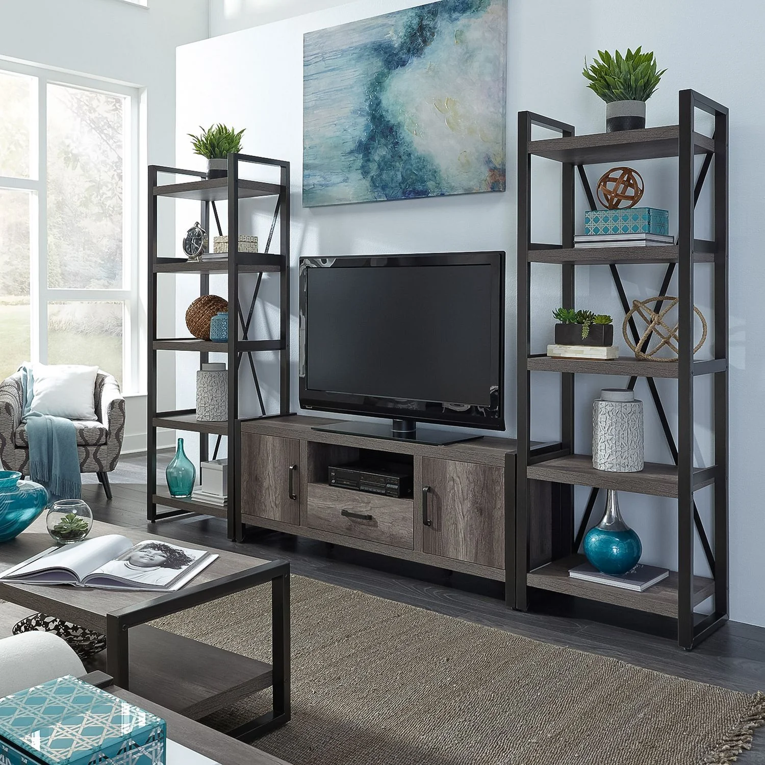 Tanners Creek - Entertainment Center With Piers (1 Center Drawer) - Graystone - Image 2