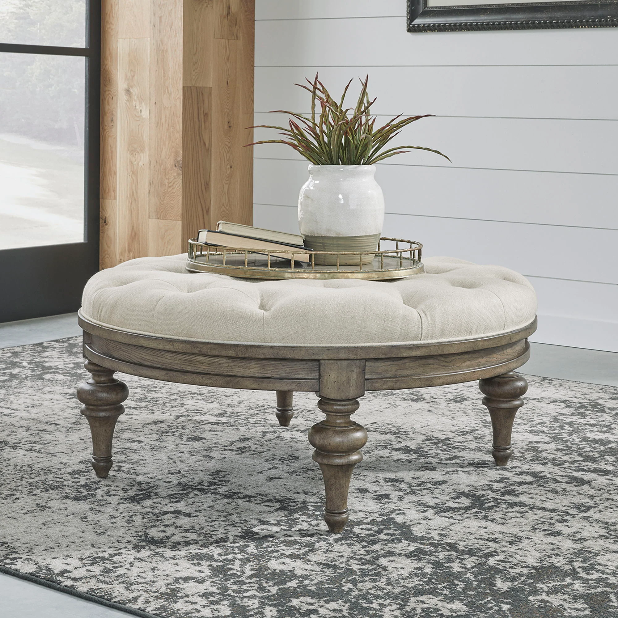 Americana Farmhouse - Round Cocktail Ottoman - Dusty Taupe - Image 1