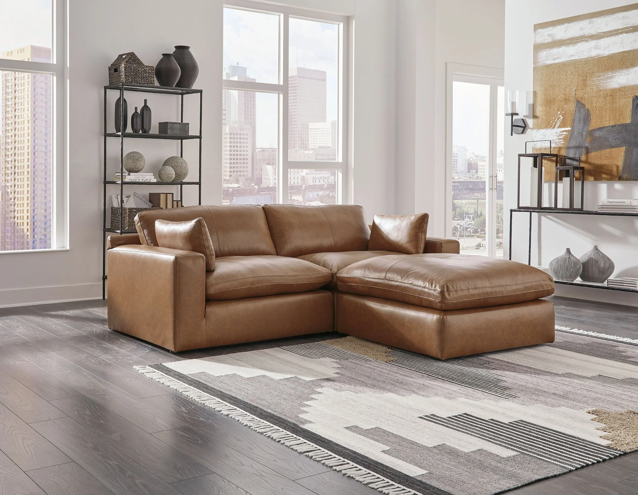 Emilia - 3 Pc. - 2-Piece Sectional Loveseat, Ottoman - Caramel - Image 1