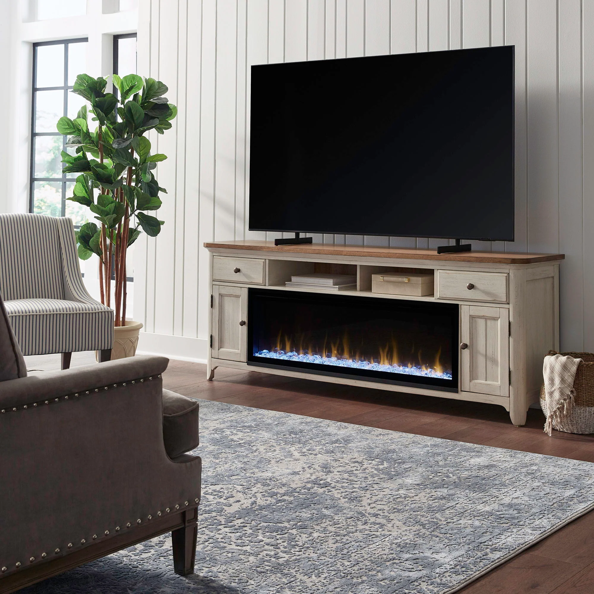 Fireplace TV Consoles – 79″ Console With Fire – Medium Brown
