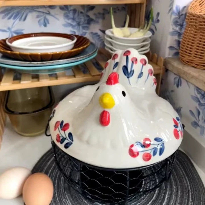 Ceramic Egg Holder Chicken with Wire Basket - Image 3