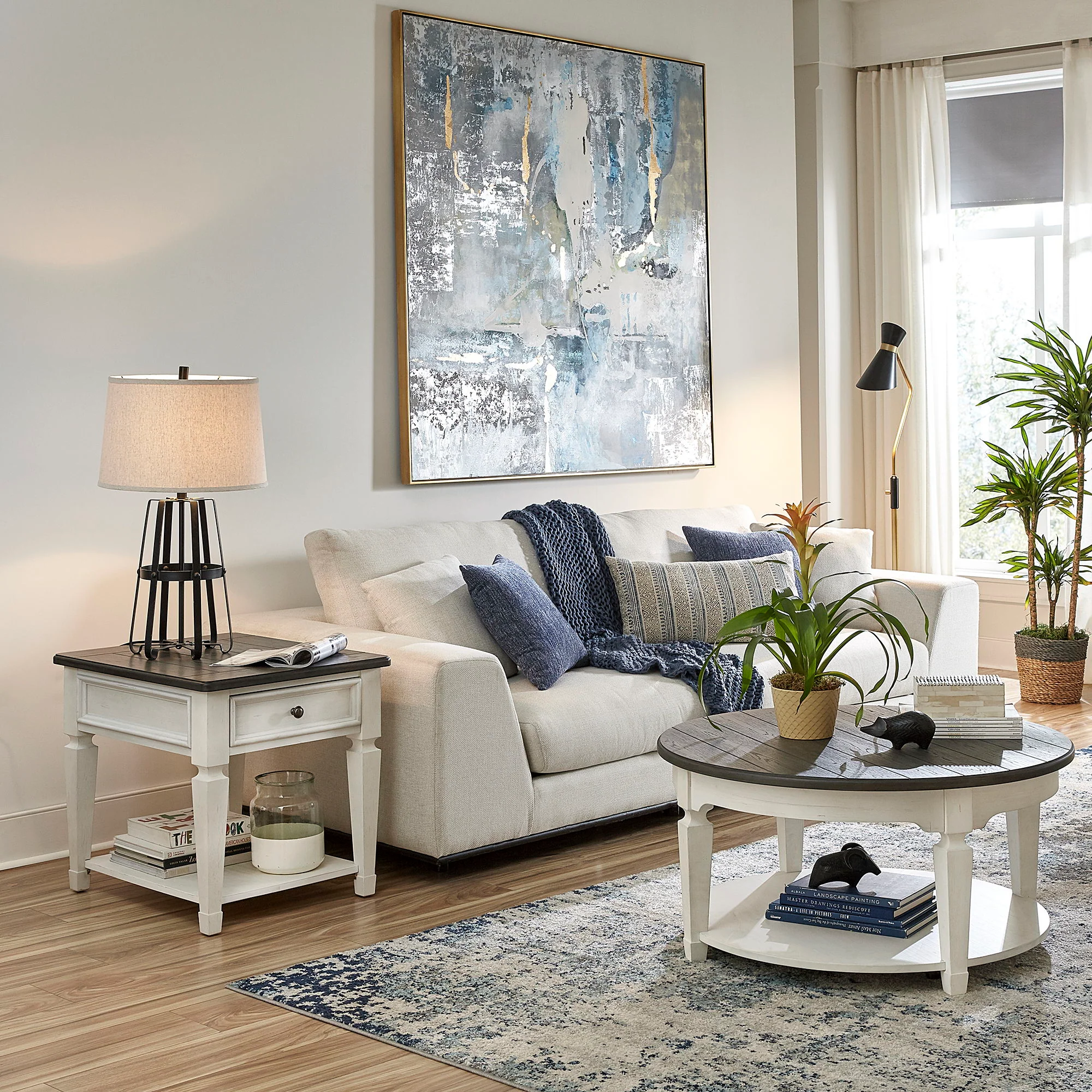 Allyson Park – 3 Piece Living Room Set (Round Cocktail Table) – Wirebrushed White / Charcoal