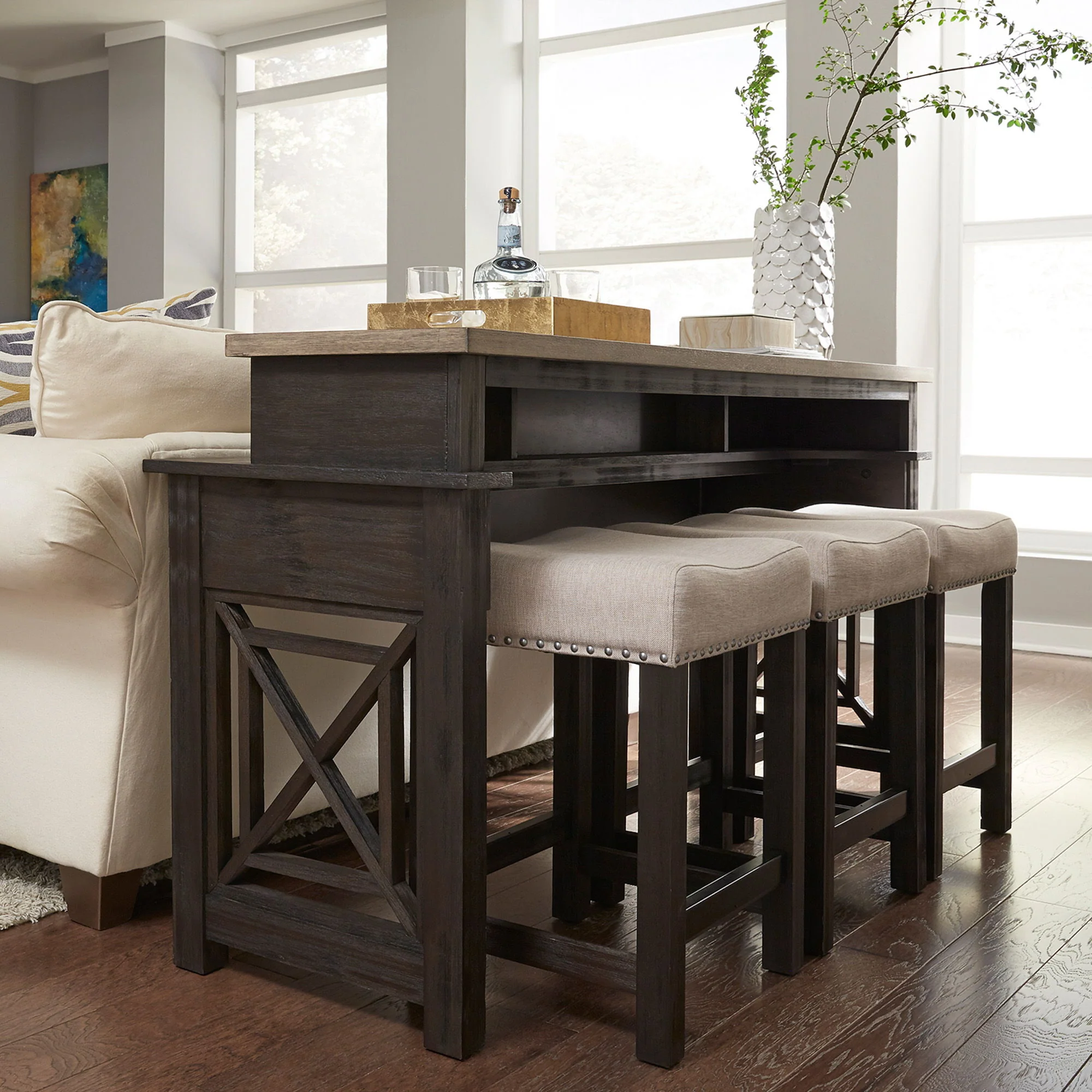 Heatherbrook – 4 Piece Console Set (1 Console 3 Stools) – Charcoal & Ash