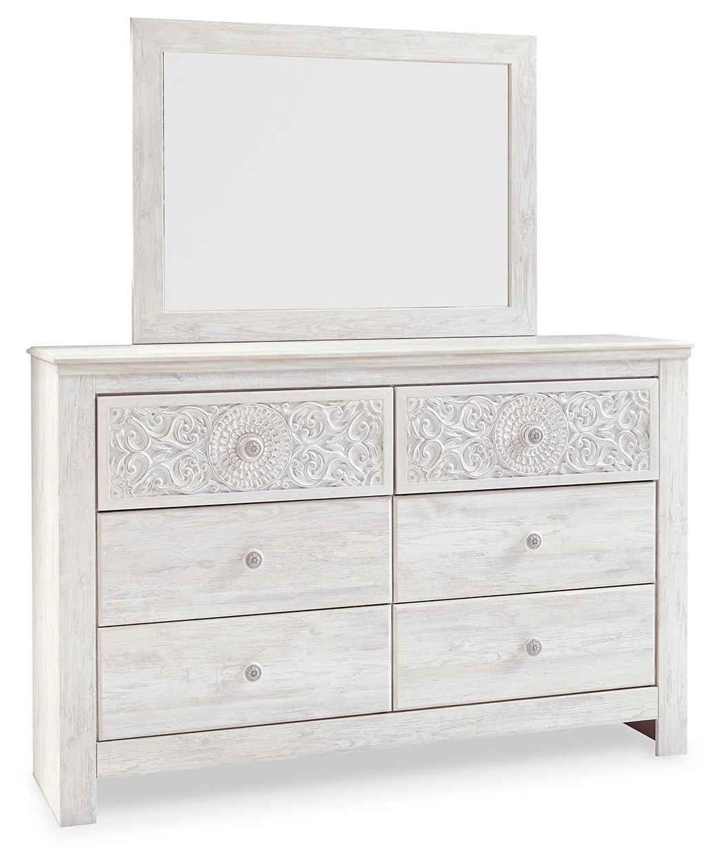 Paxberry – Dresser, Mirror – Medallion Drawer Pulls – Whitewash