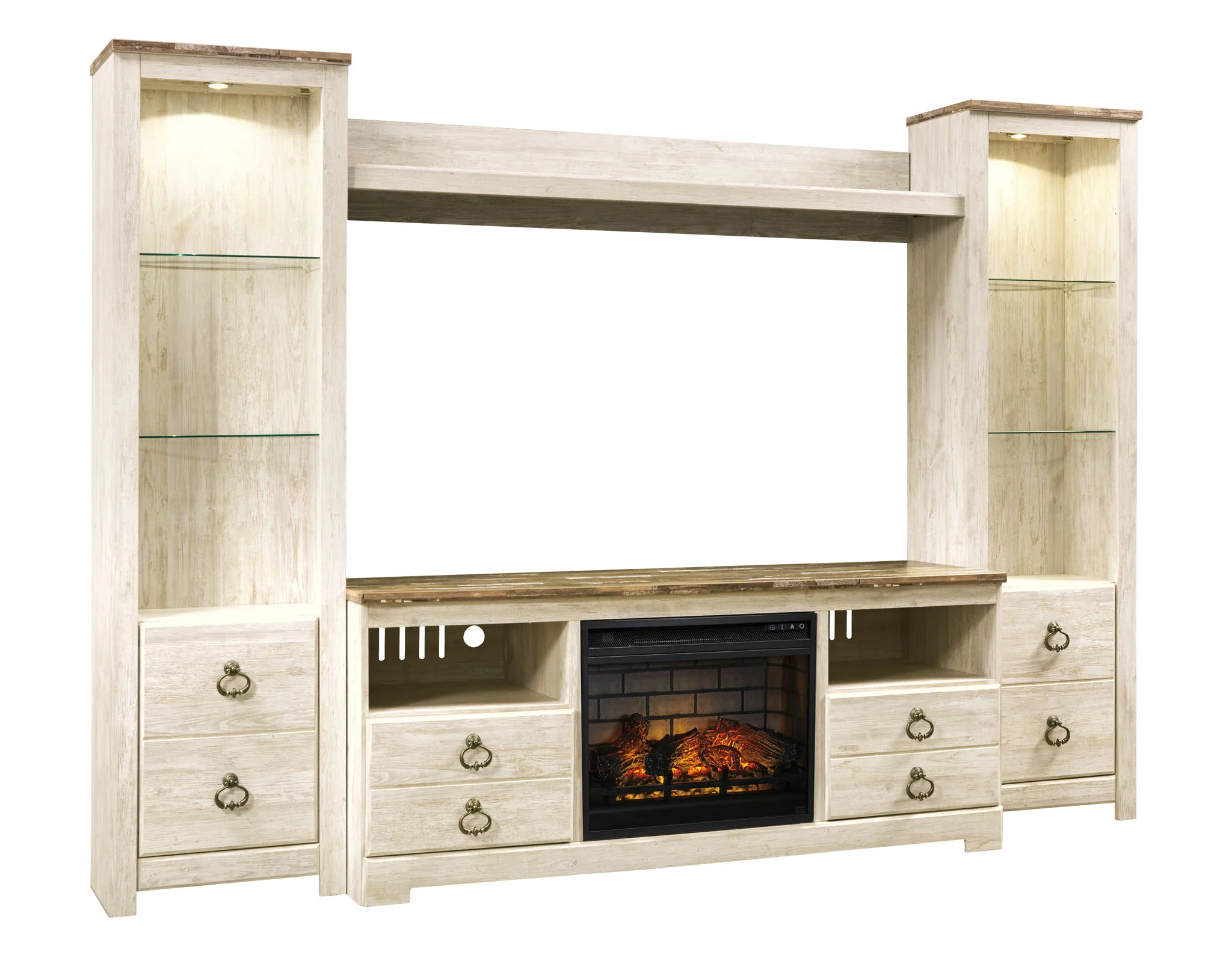 Willowton – Entertainment Center – TV Stand With Faux Firebrick Fireplace Insert – Whitewash